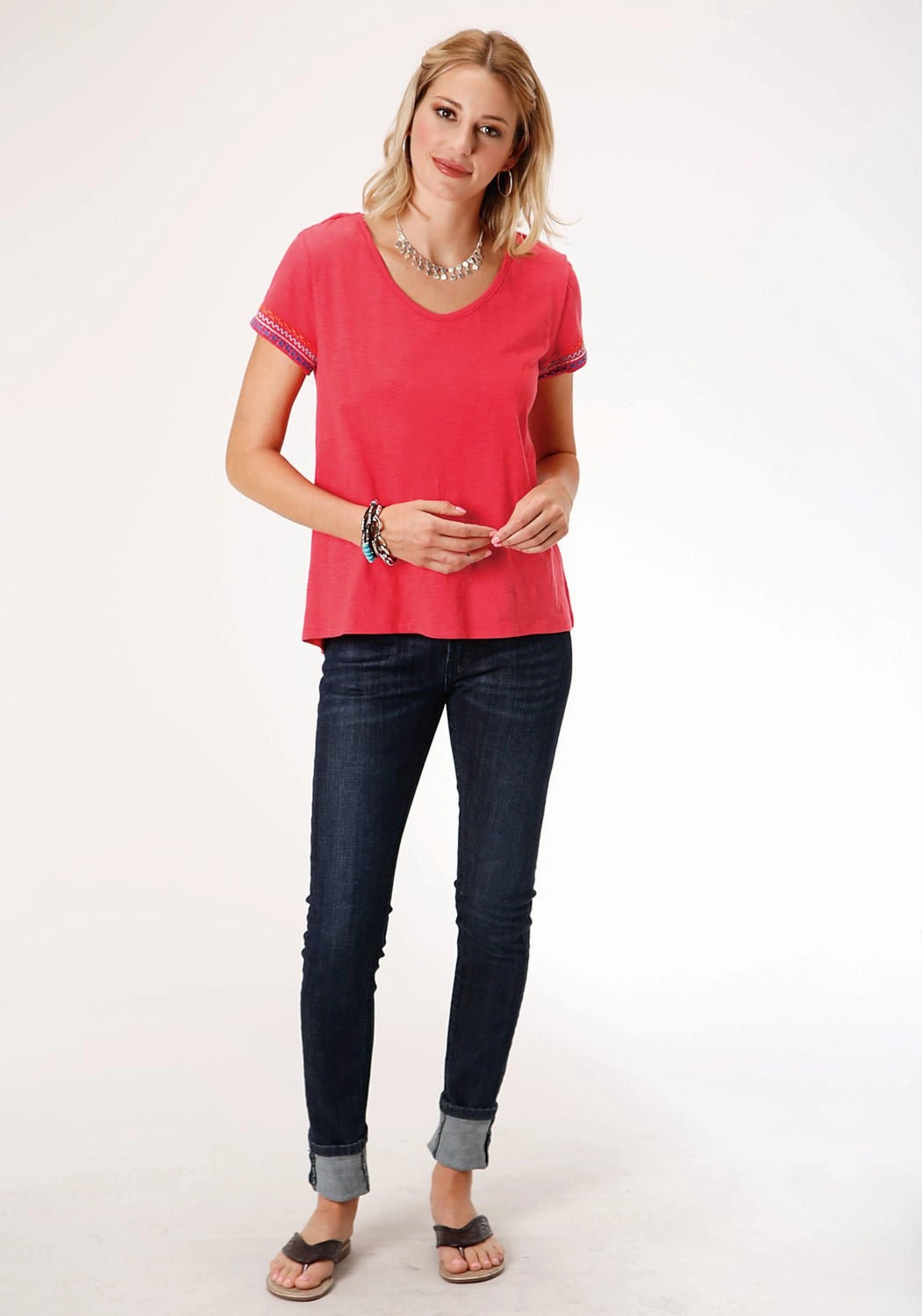 Roper Womens Red 100% Cotton Geometric Sleeves S/S T-Shirt No Slip Shoulder Grips