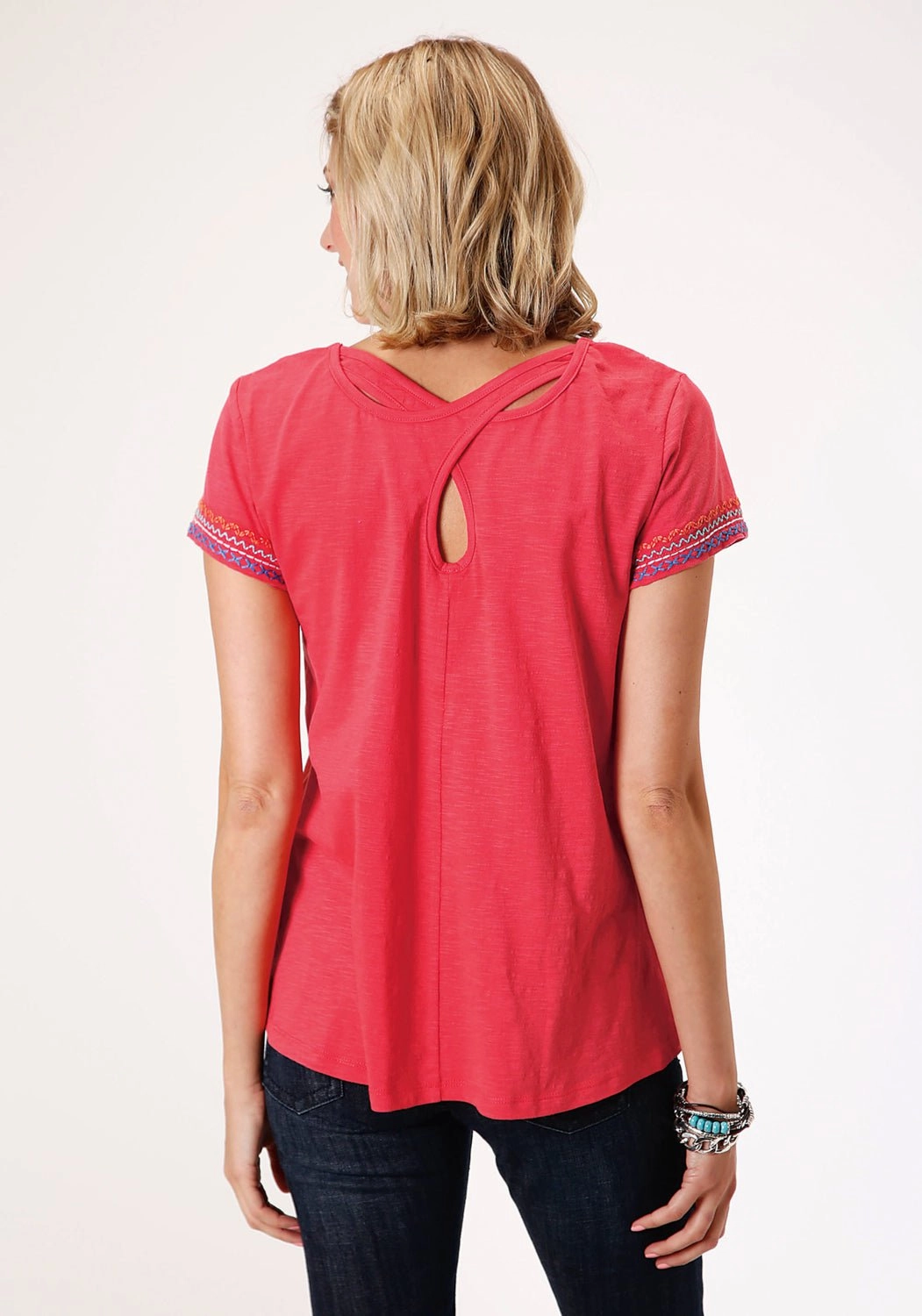 Sustainable Dye Process Roper Womens Red 100% Cotton Geometric Sleeves S/S T-Shirt