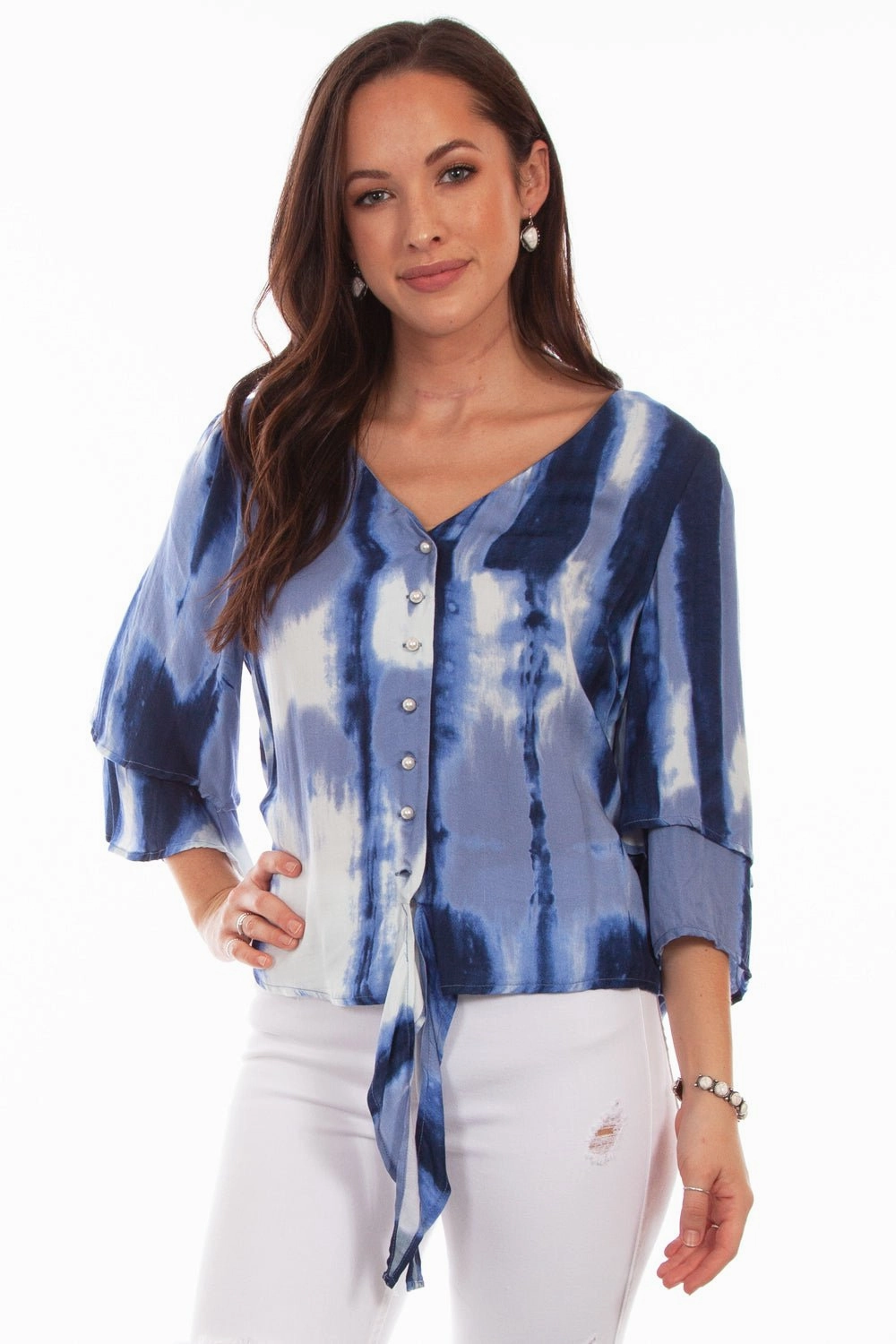 Plus Size Fit Roll-Up Sleeve Scully Womens Blue Rayon Tie Dye S/S Tunic