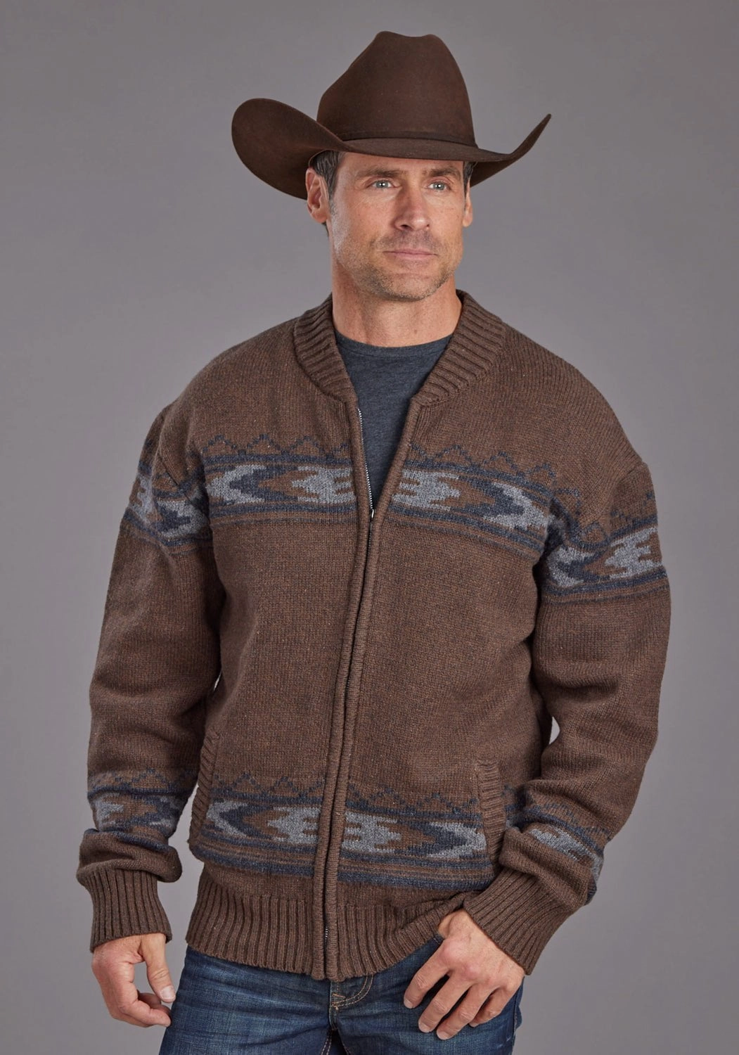 Hidden Placket Winter Comfort Stetson Mens Thunderbird Border Brown Cotton Blend Cardigan Sweater