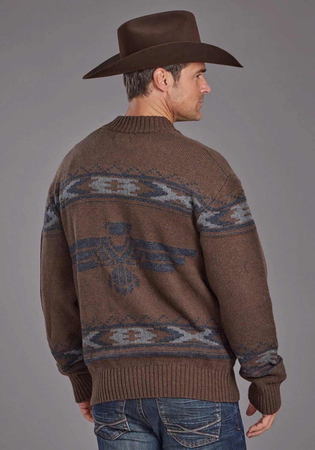 Indoor Comfort Stetson Mens Thunderbird Border Brown Cotton Blend Cardigan Sweater