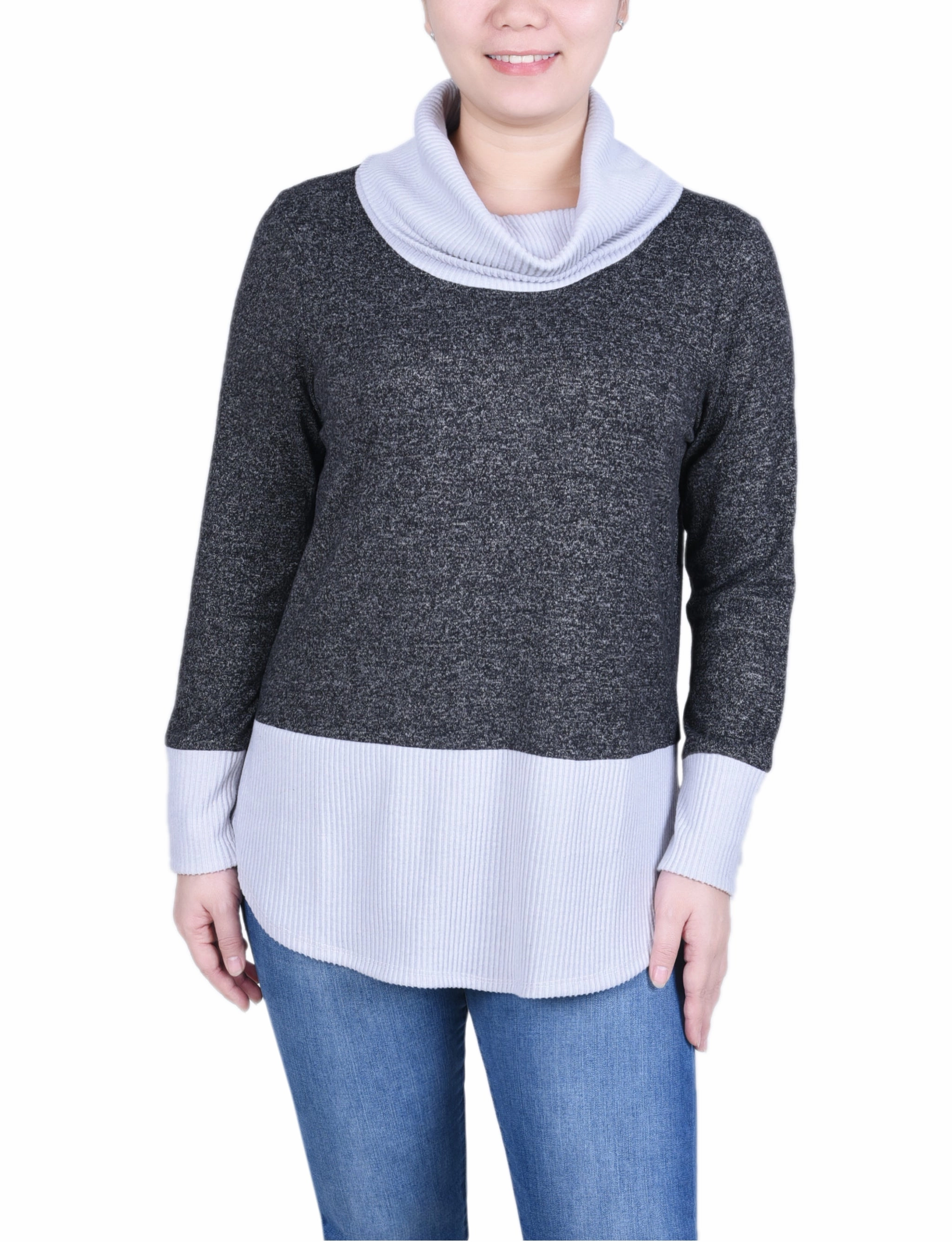 Petite Long Sleeve Cowl Neck Colorblocked Top ThermalRegulationLayer QuickDry Texture
