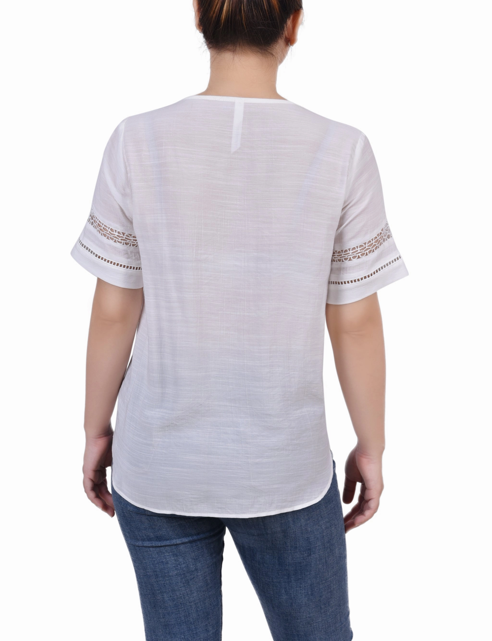 Layered Collar Structure Moisture Management Fabric Short Sleeve Crochet Trim Blouse