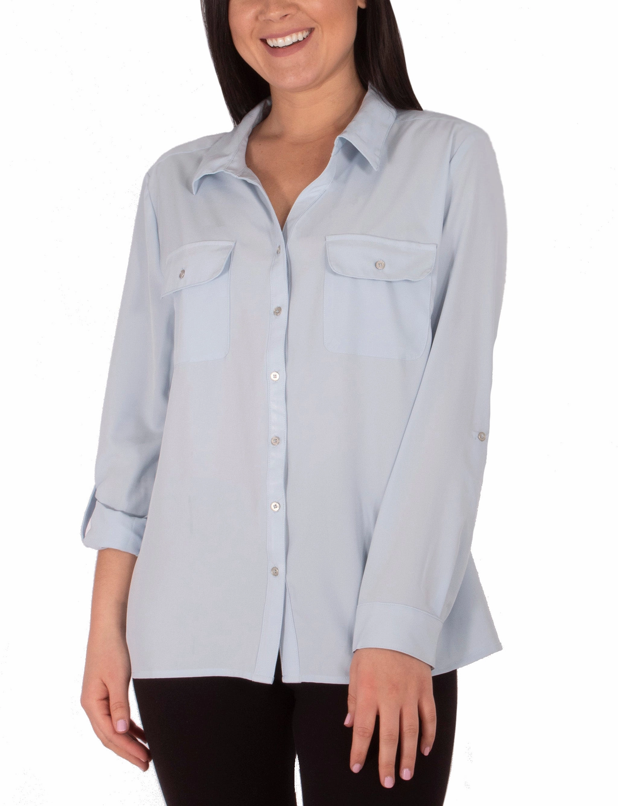 Long Sleeve Y Neck Blouse With Flap Pockets V-neck Shirt Street Style