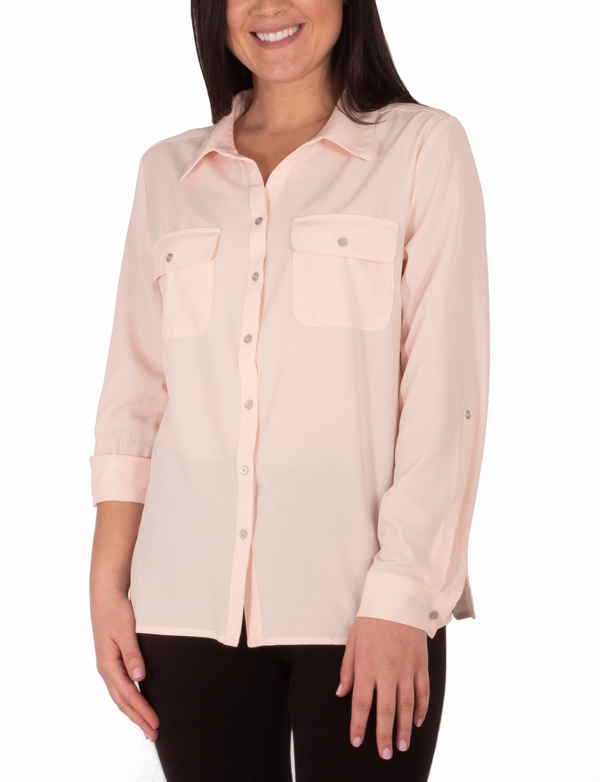 AbrasionResistant Long Sleeve Y Neck Blouse With Flap Pockets
