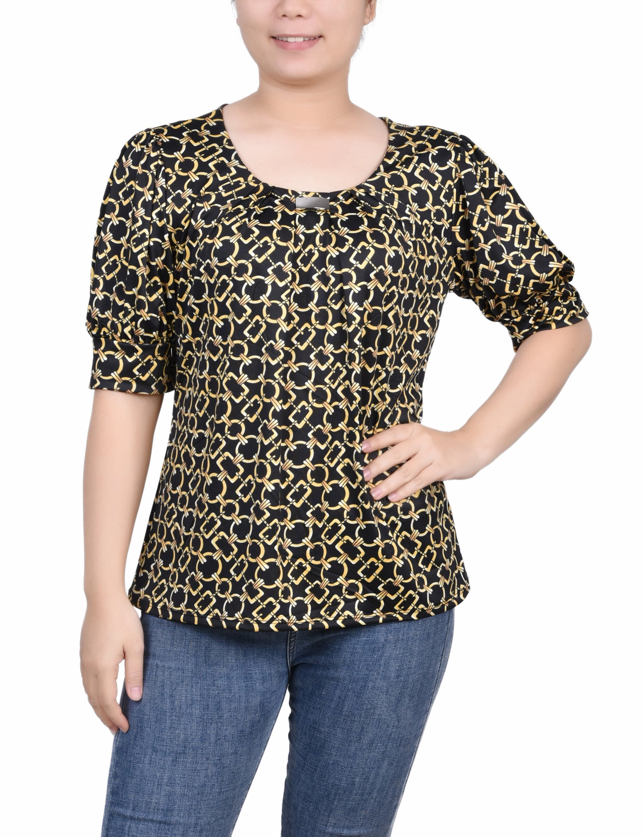 Short Sleeve Balloon Sleeve Top EcoFriendlyBlend Double Chest Pocket