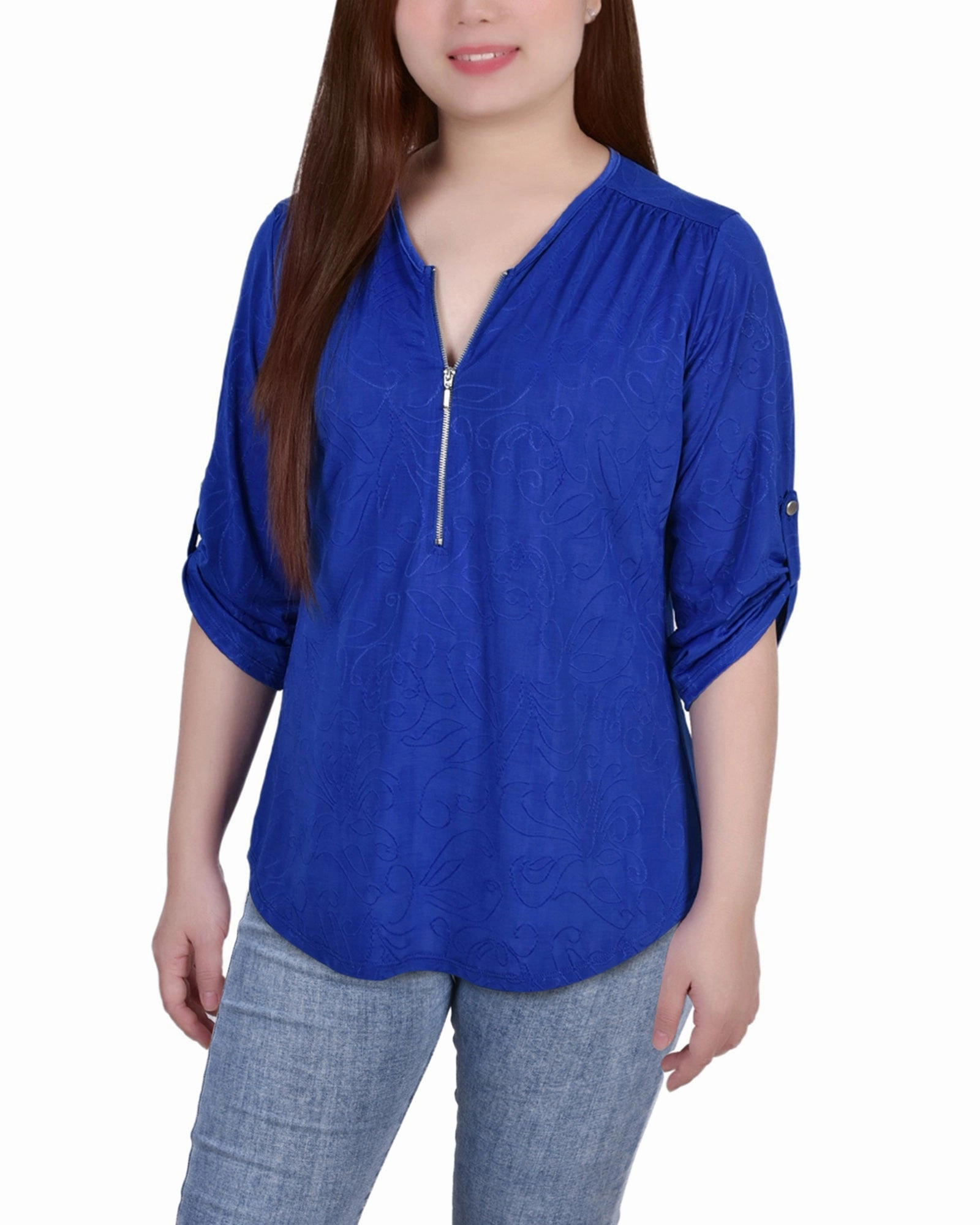 Durable Reinforced Shoulders 3/4 Roll Tab Zip Front Jacquard Knit Top