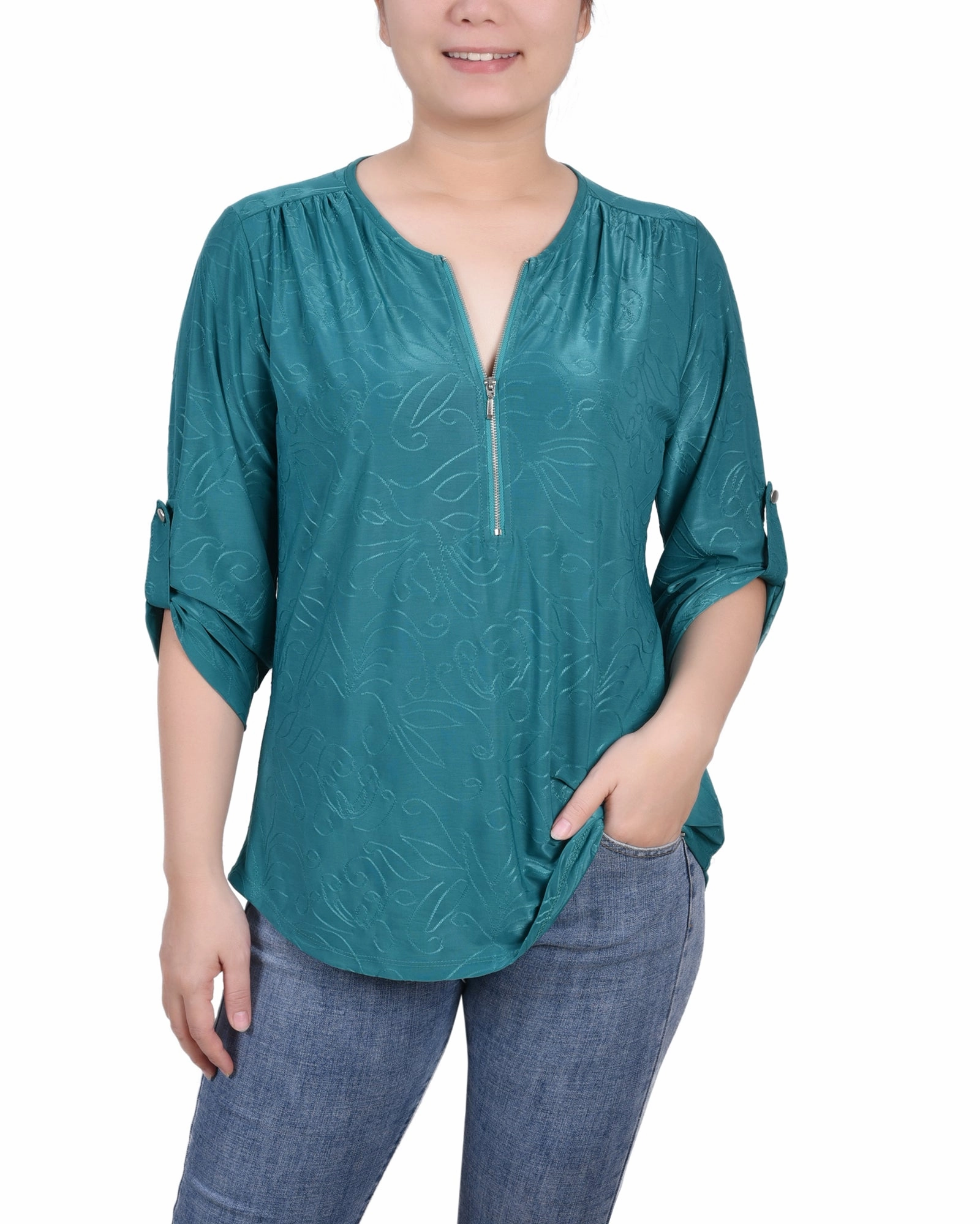 3/4 Roll Tab Zip Front Jacquard Knit Top Flowing Design NonIrritating Stitching