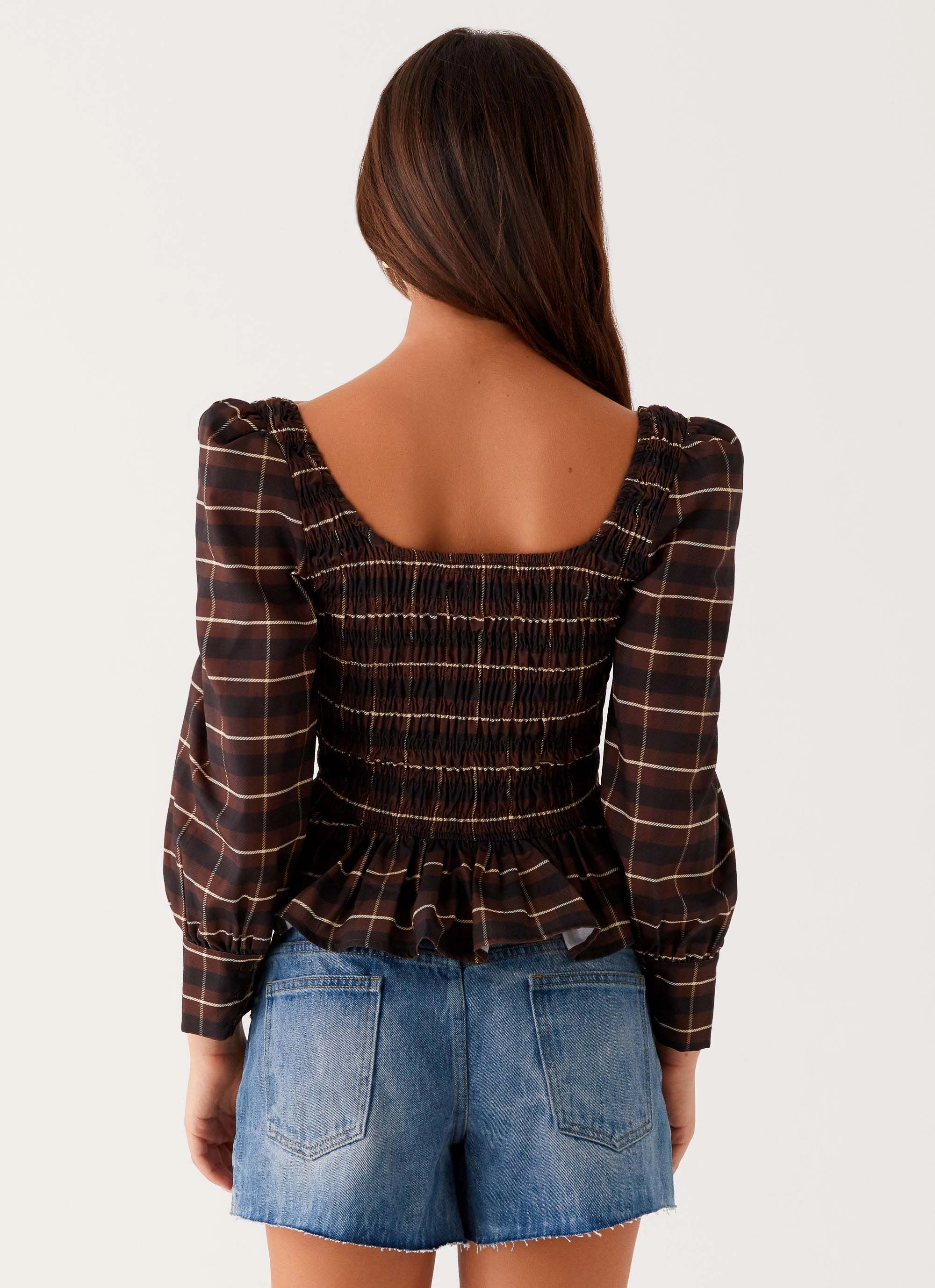 Versatile Layering Durable Stitching Joyce Long Sleeve Shirred Top - Chocolate Check
