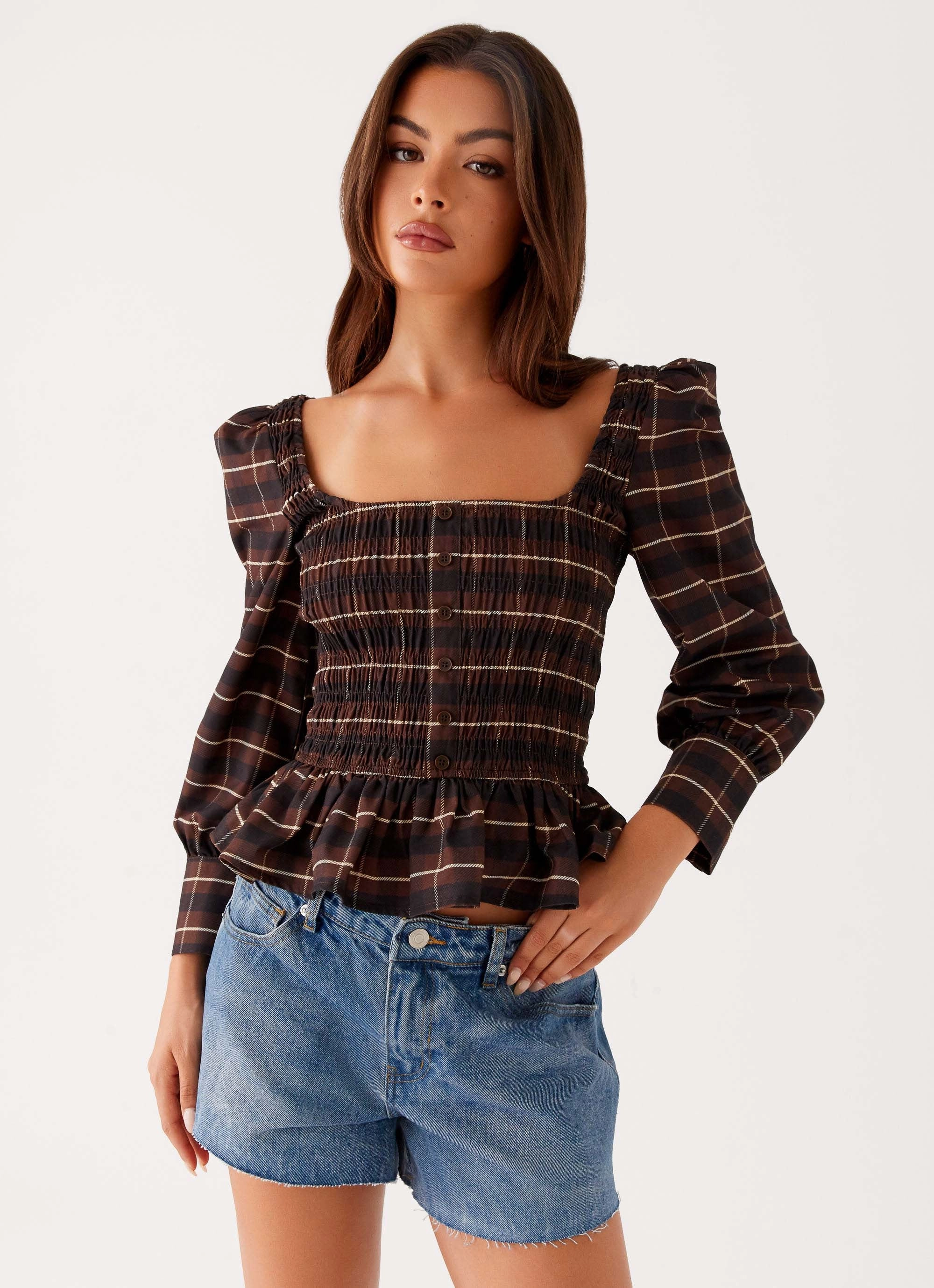 Joyce Long Sleeve Shirred Top - Chocolate Check All-Purpose