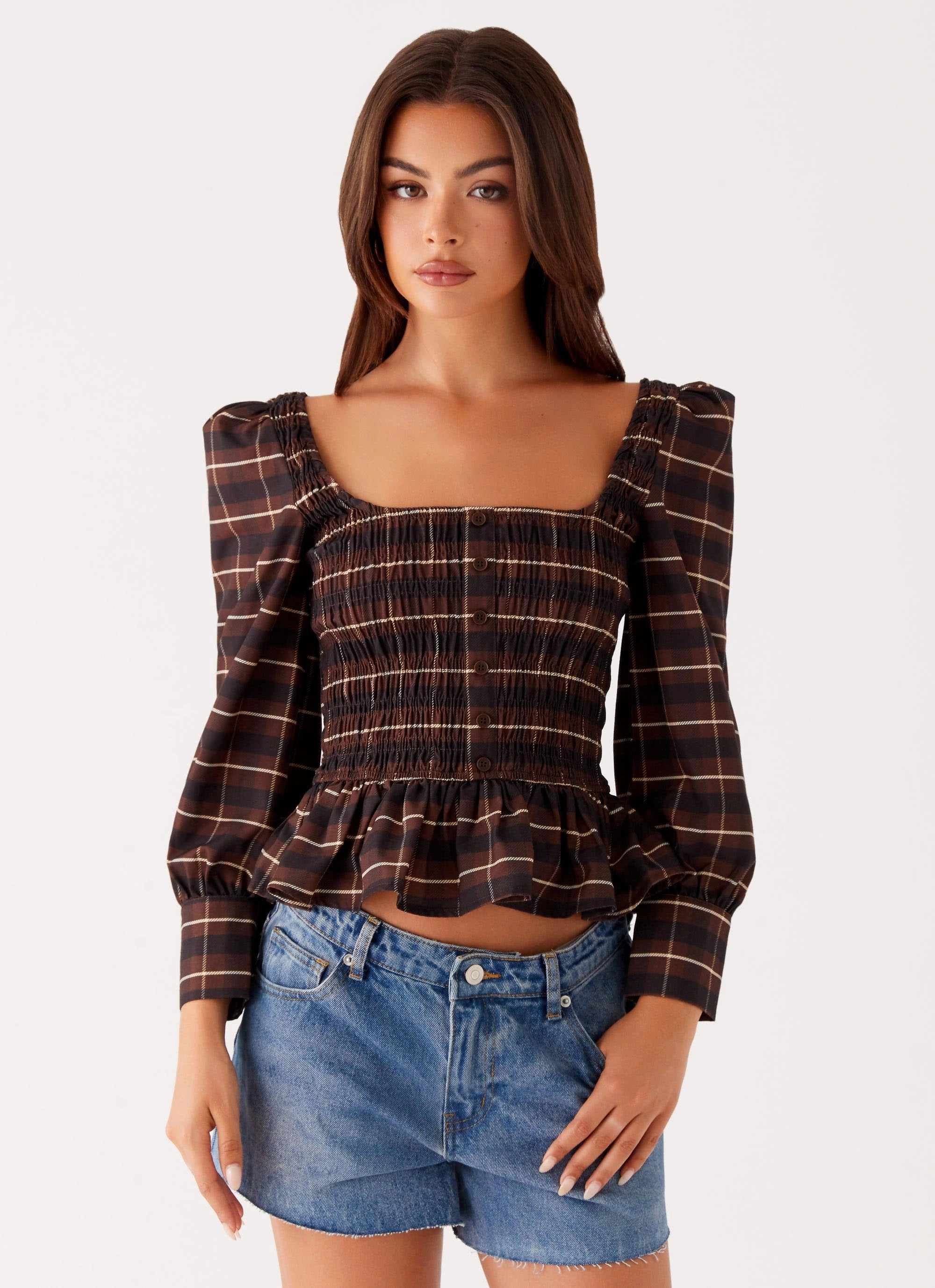 TaglessCollar Durable Reinforced Elbow Patches Joyce Long Sleeve Shirred Top - Chocolate Check
