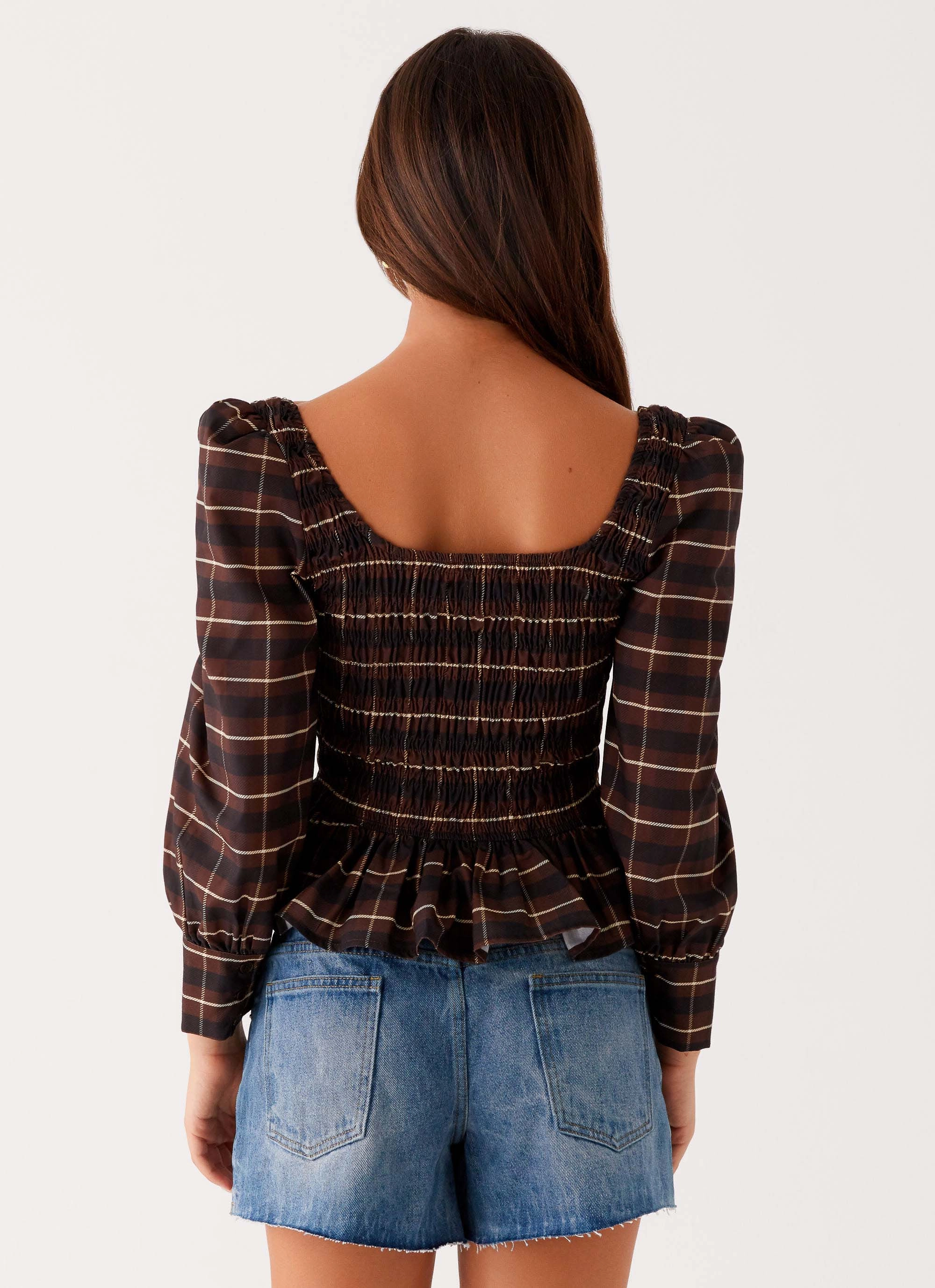 Joyce Long Sleeve Shirred Top - Chocolate Check Stretchable Neckline SlimFit