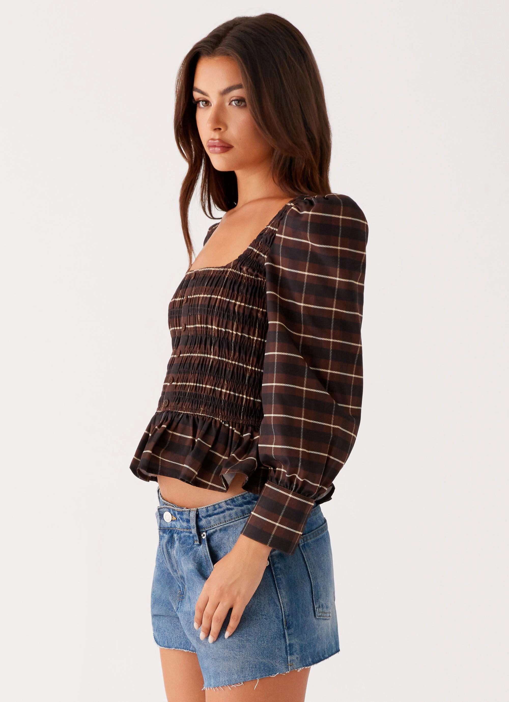 Joyce Long Sleeve Shirred Top - Chocolate Check Brushed Interior TumbleDryFriendlyMaterial