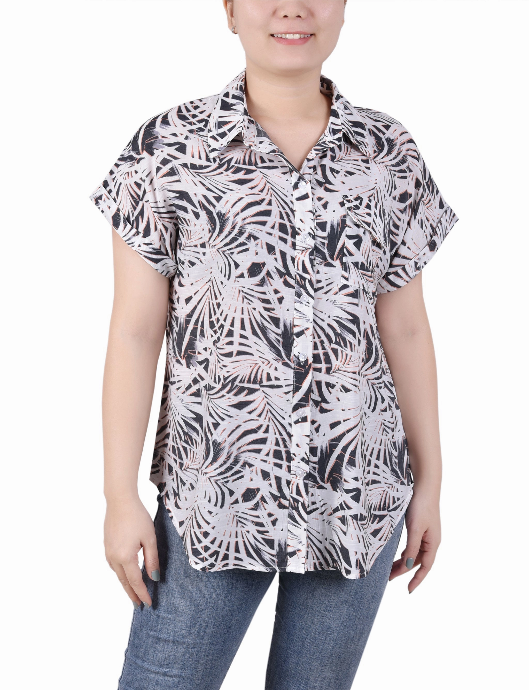 Petite Short Rolled Sleeve Button Front Blouse OversizedSilhouette