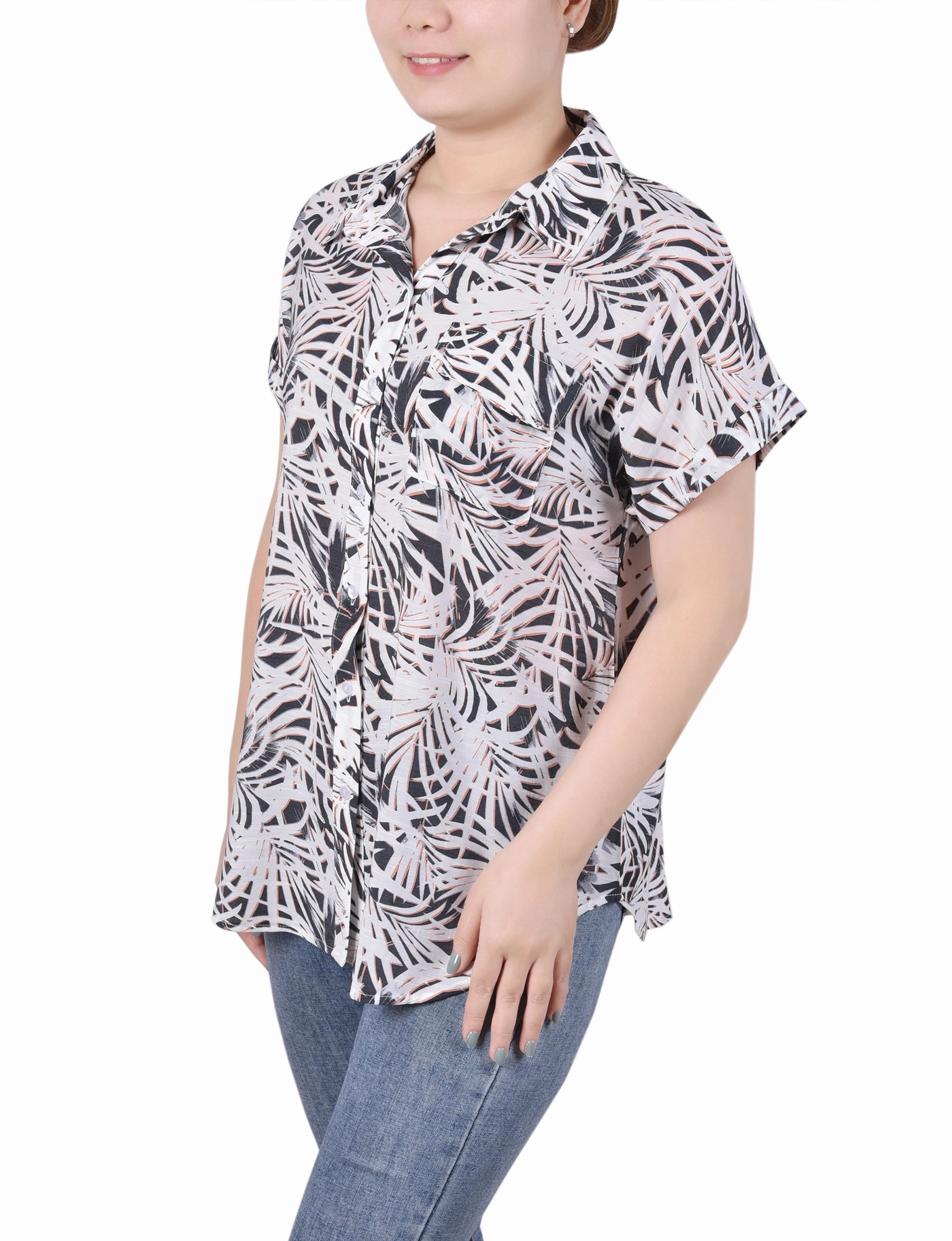 Comfortable Look DoubleLayeredFabric Petite Short Rolled Sleeve Button Front Blouse