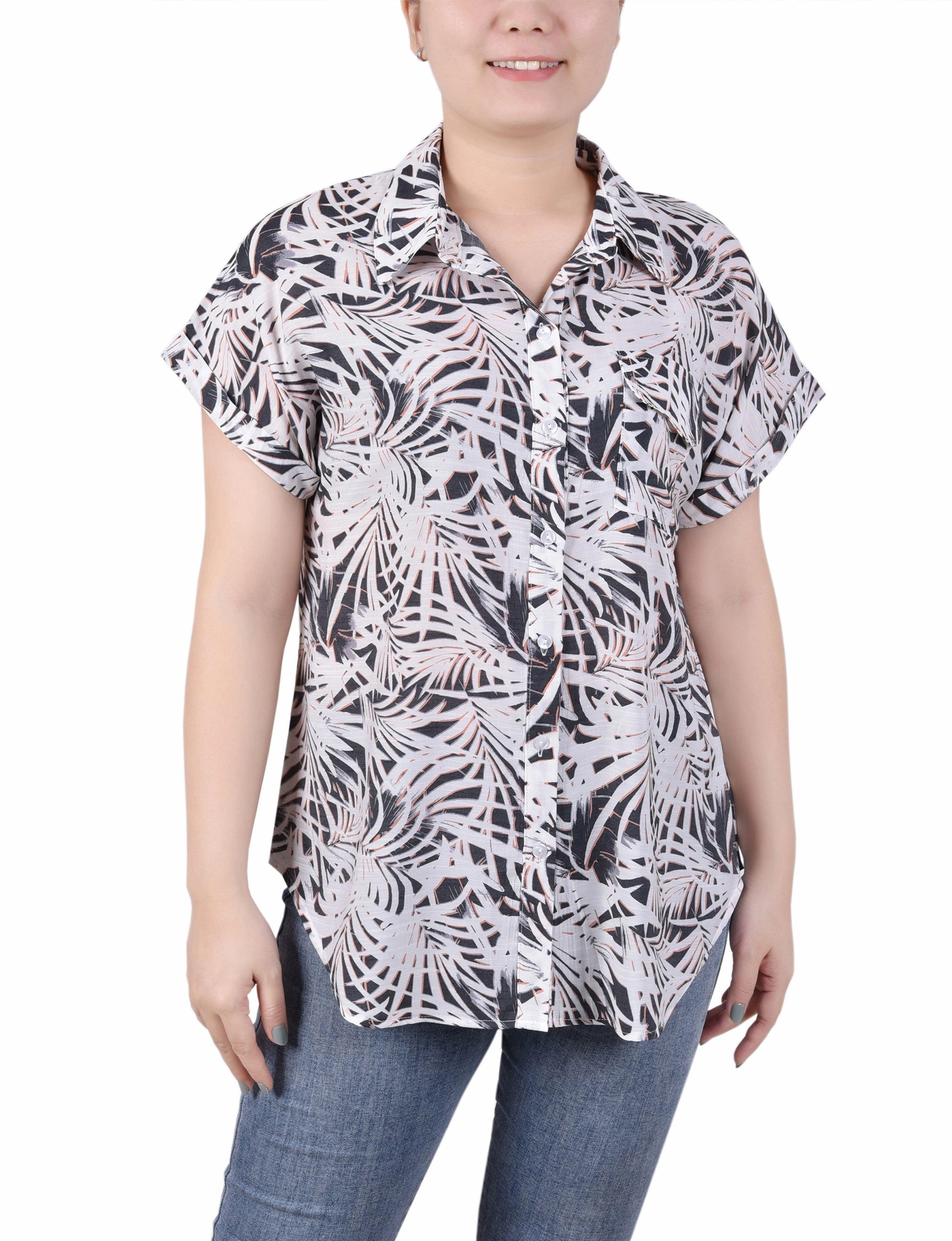 Petite Short Rolled Sleeve Button Front Blouse ReflectiveTrims Slim Fit Shirt