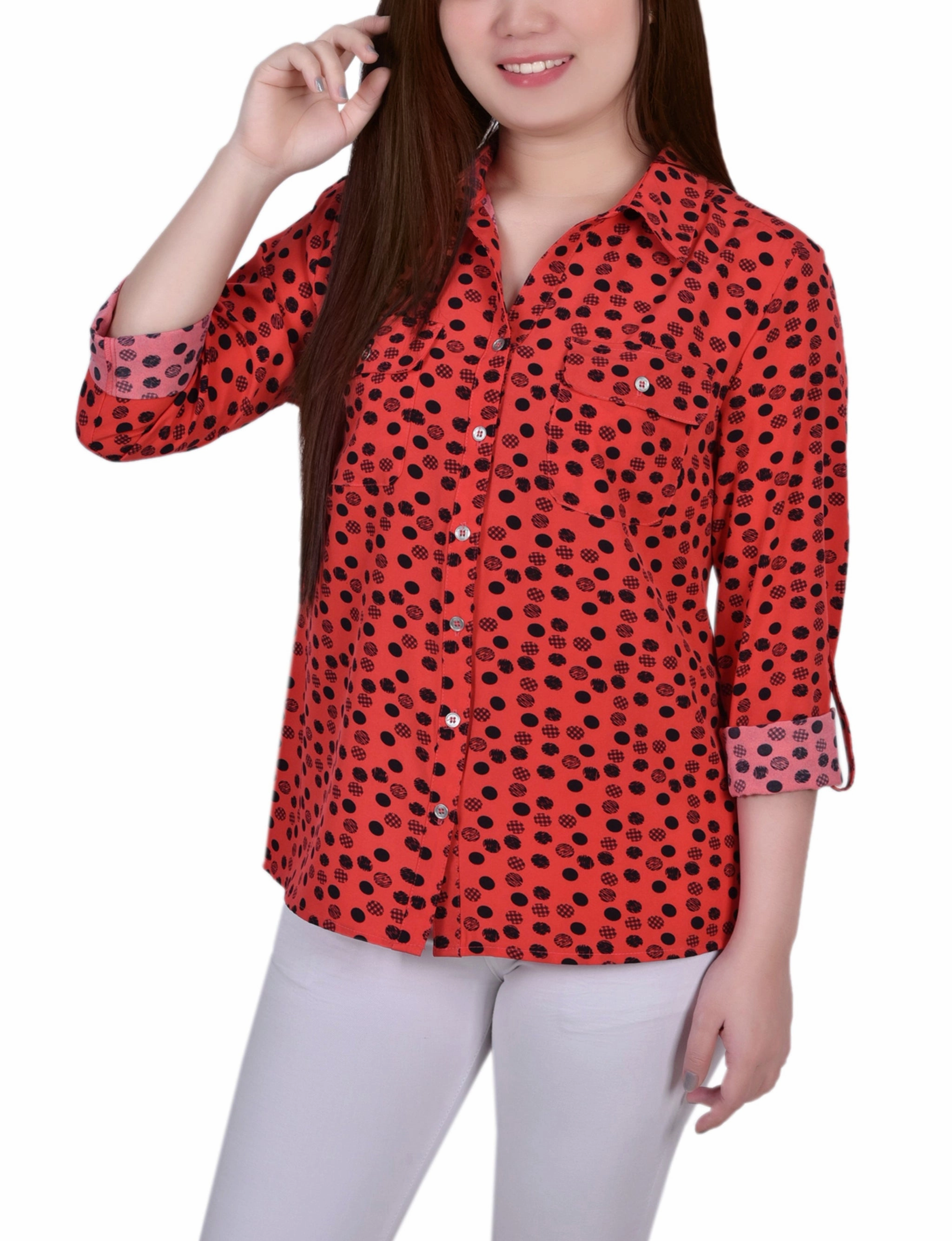 Comfortable Wear QuickDry 3/4 Roll Tab Blouse With Pockets
