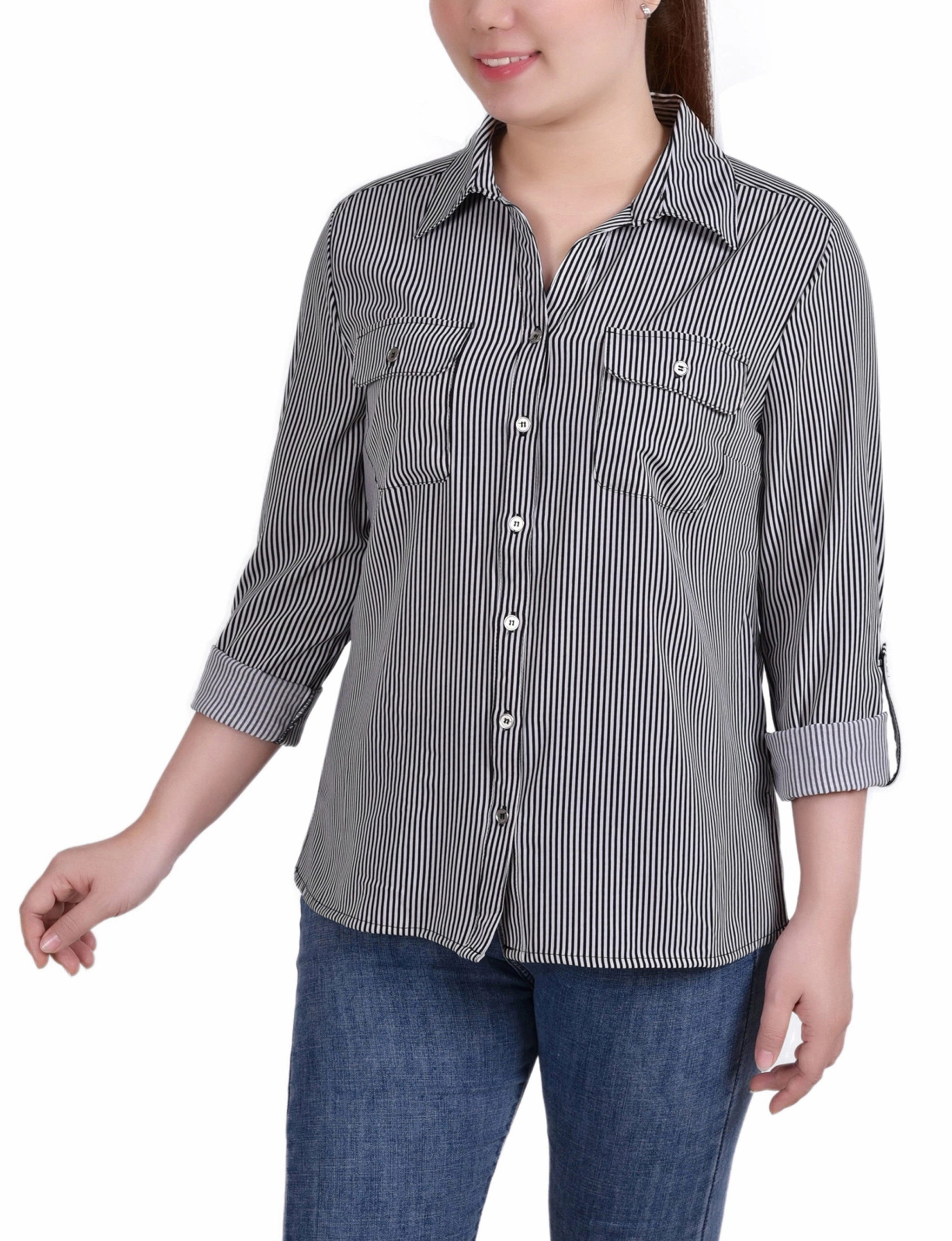 3/4 Roll Tab Blouse With Pockets Ribbed Trims