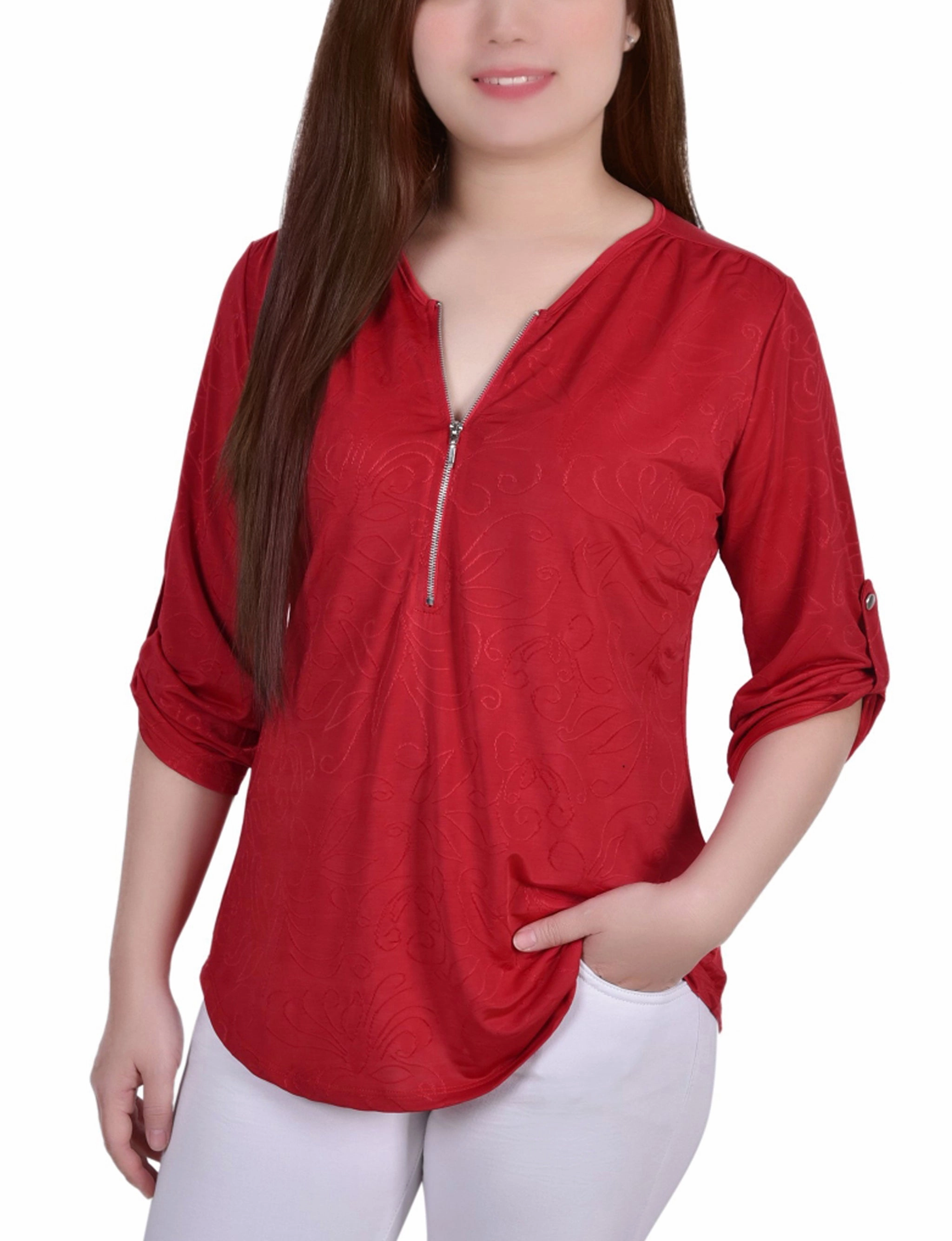 Petite 3/4 Roll Tab Zip Front Jacquard Knit Top Recycled Polyester