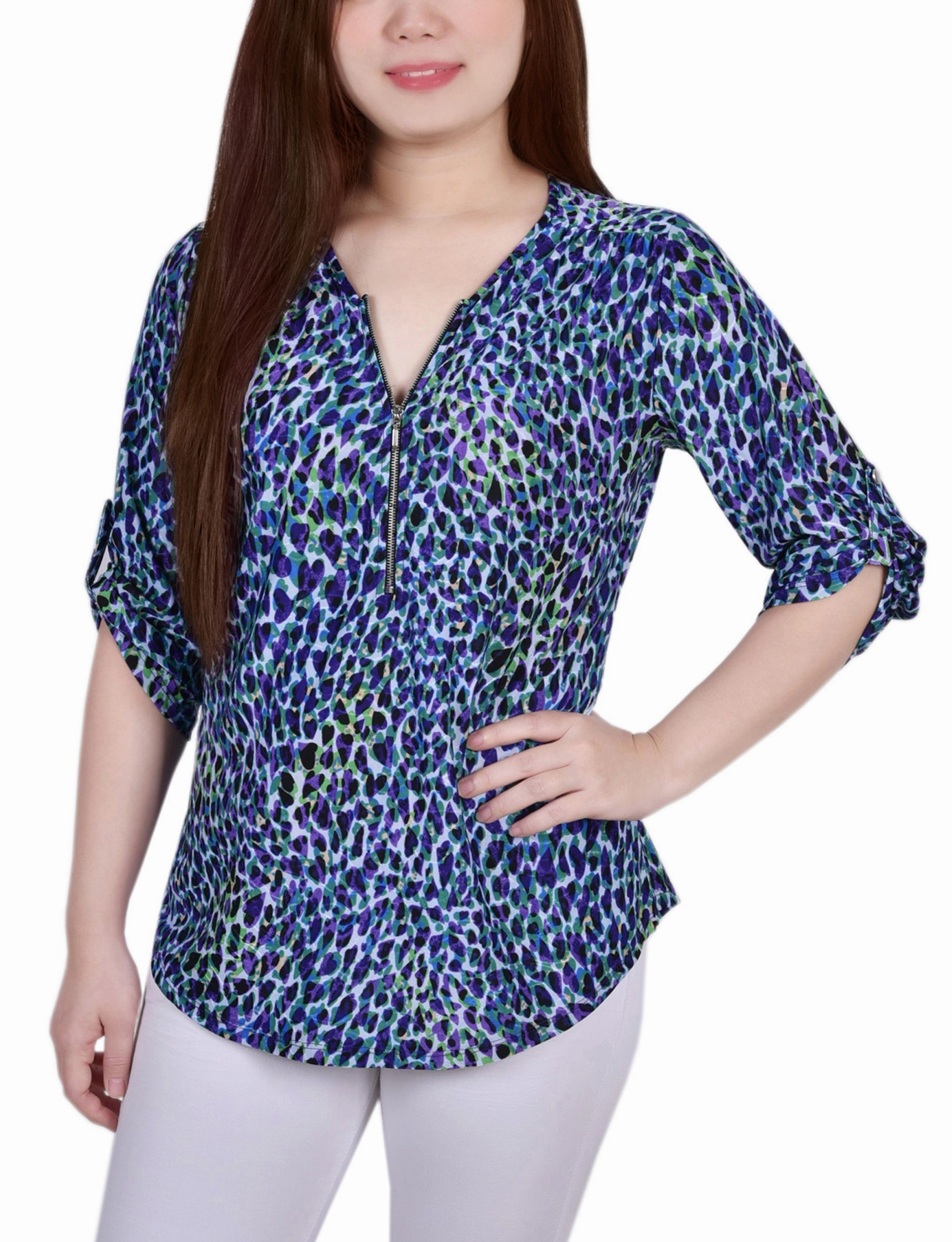 HighStretch BondedSeamTechnology Petite 3/4 Roll Tab Zip Front Jacquard Knit Top