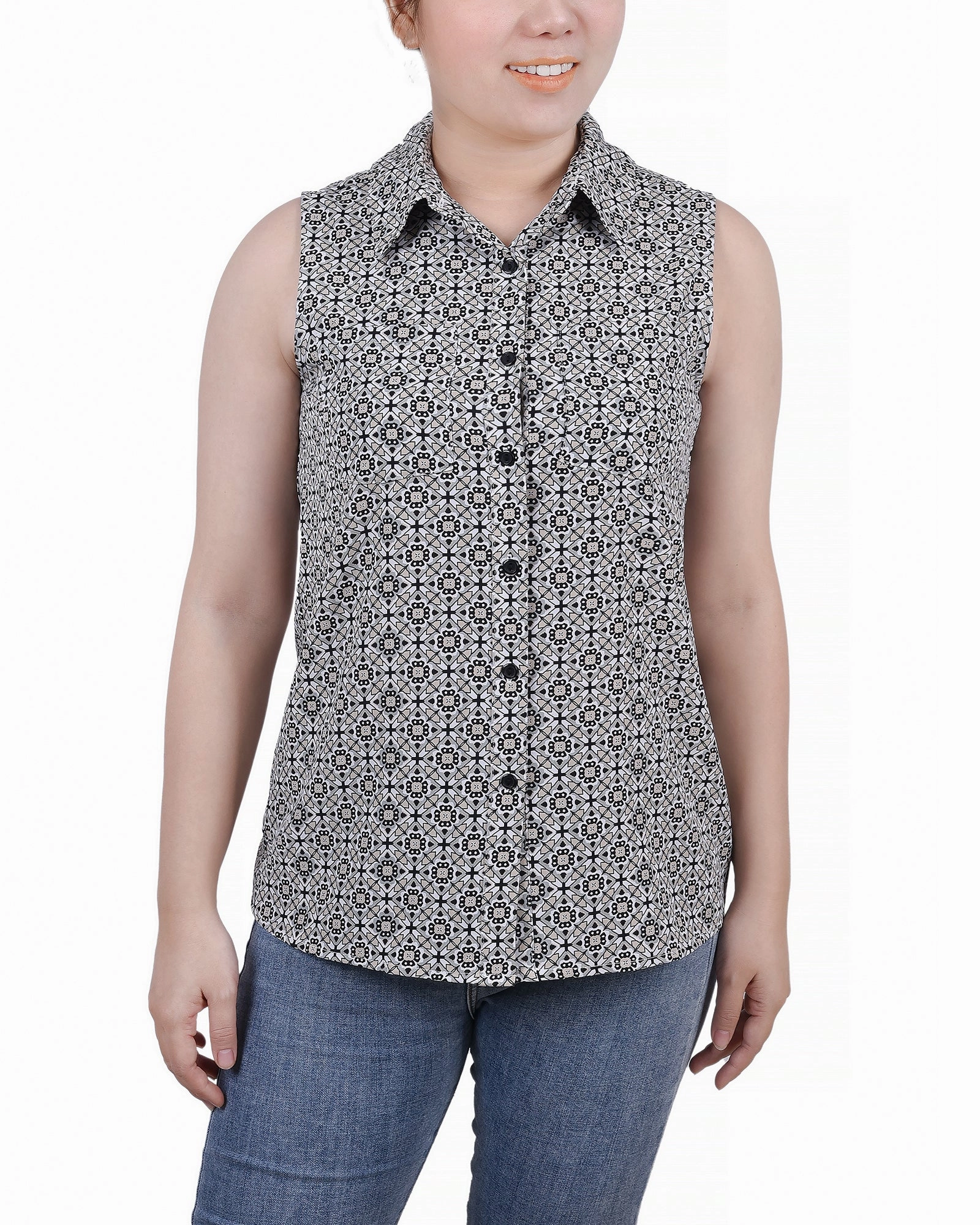 PocketDetails Petite Sleeveless Notch Collar Button Front Blouse