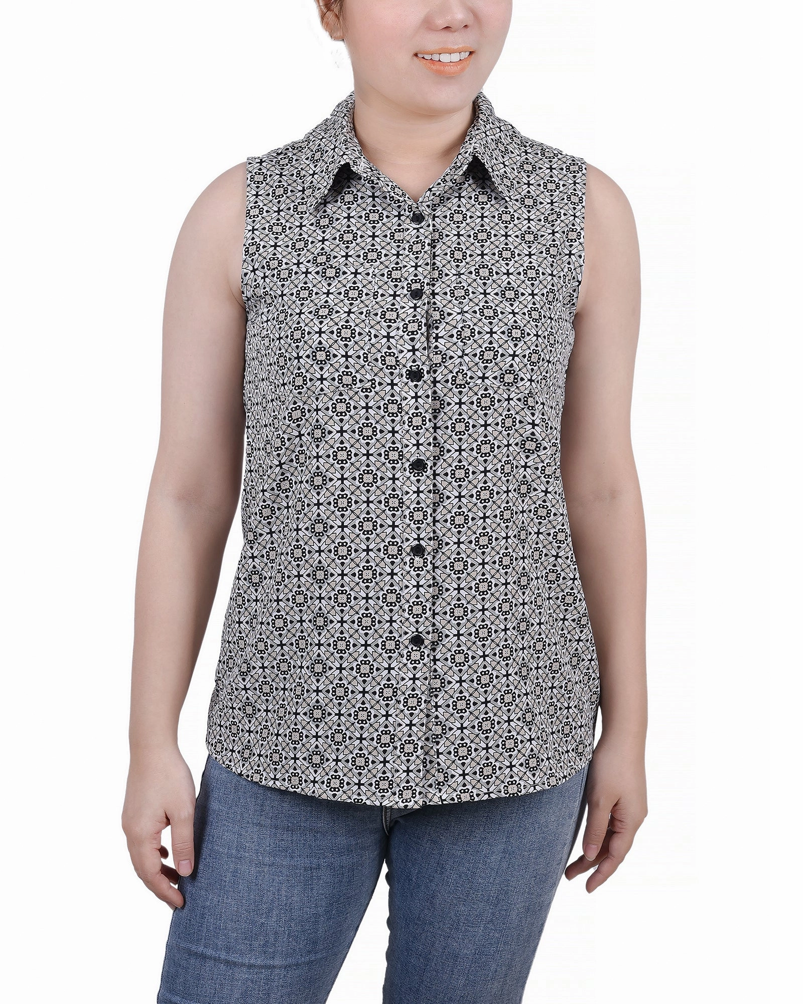 Petite Sleeveless Notch Collar Button Front Blouse Ethically Sourced Material