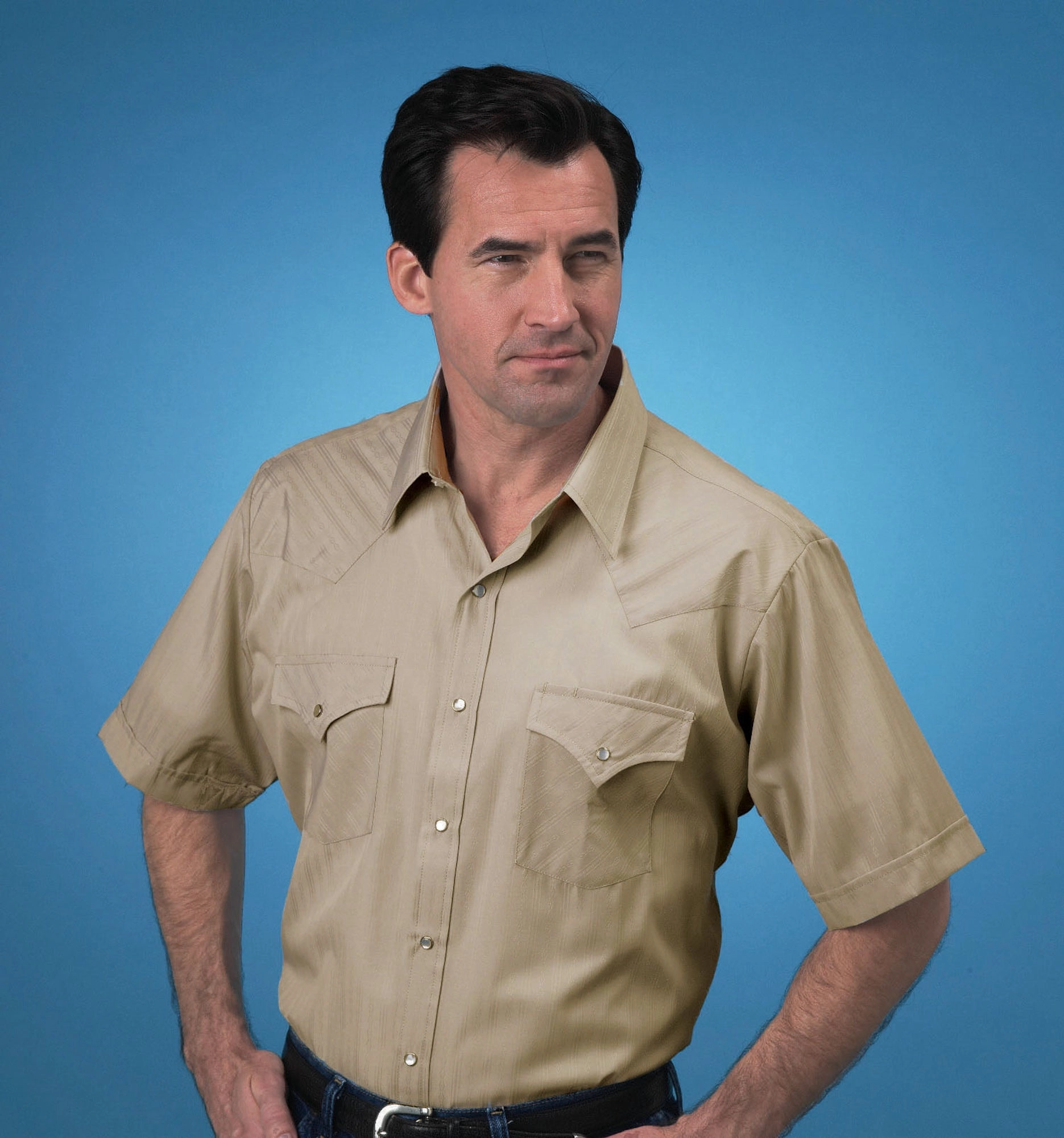 Ely & Walker Mens Tone on Tone Khaki Western Shirt S/S Poly/Cotton Stylish Design Dressy look