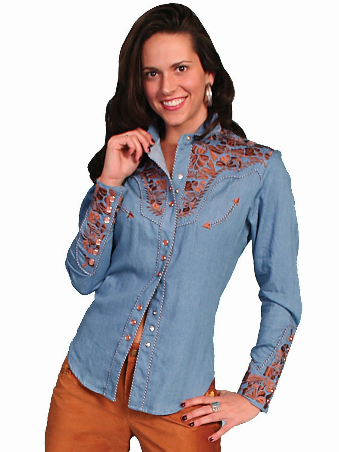First Date Polo Style Scully Western Womens Blue Polyester L/S Floral Stitch Western Shirt