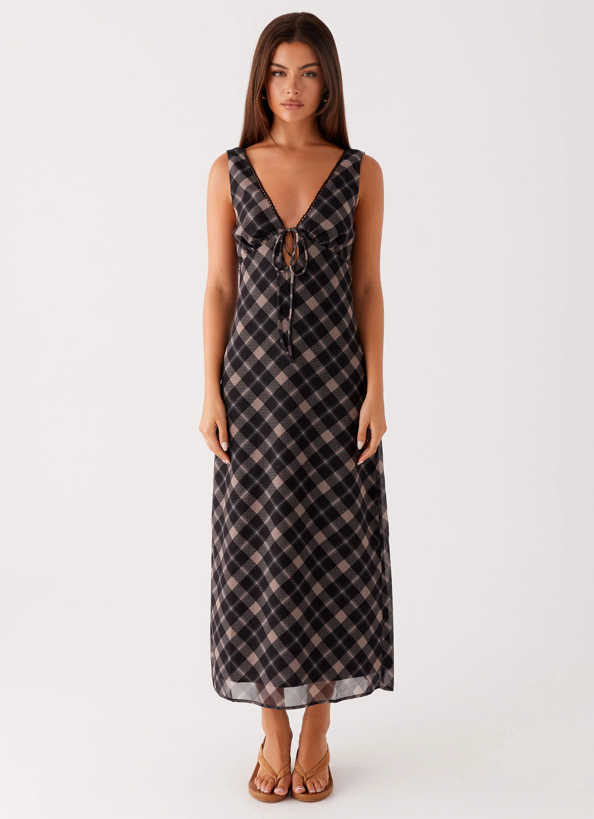 Gianna Midi Dress - Taupe Check Pure Tone Aura Glow