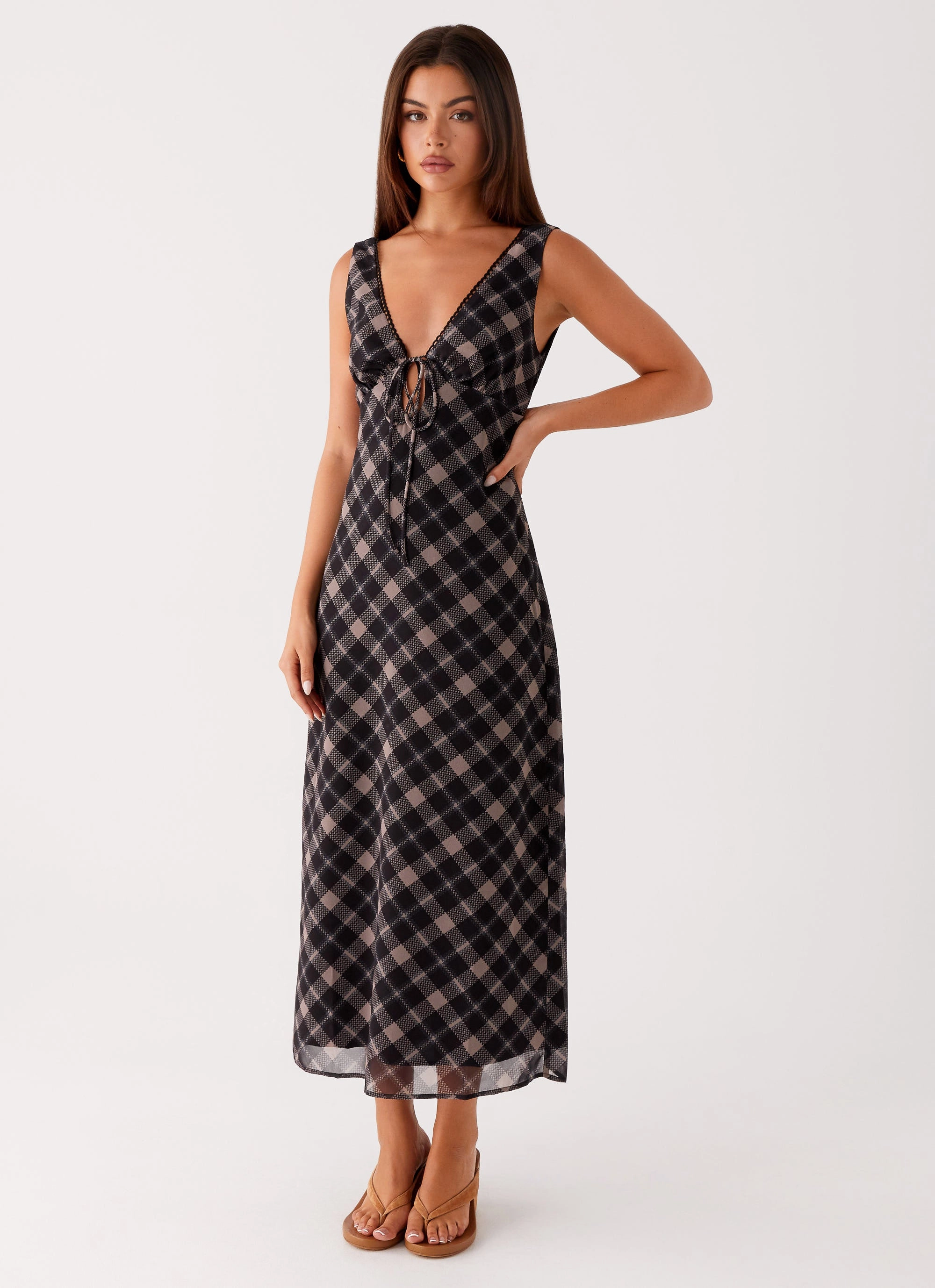 Airy Drape Summer Air Gianna Midi Dress - Taupe Check