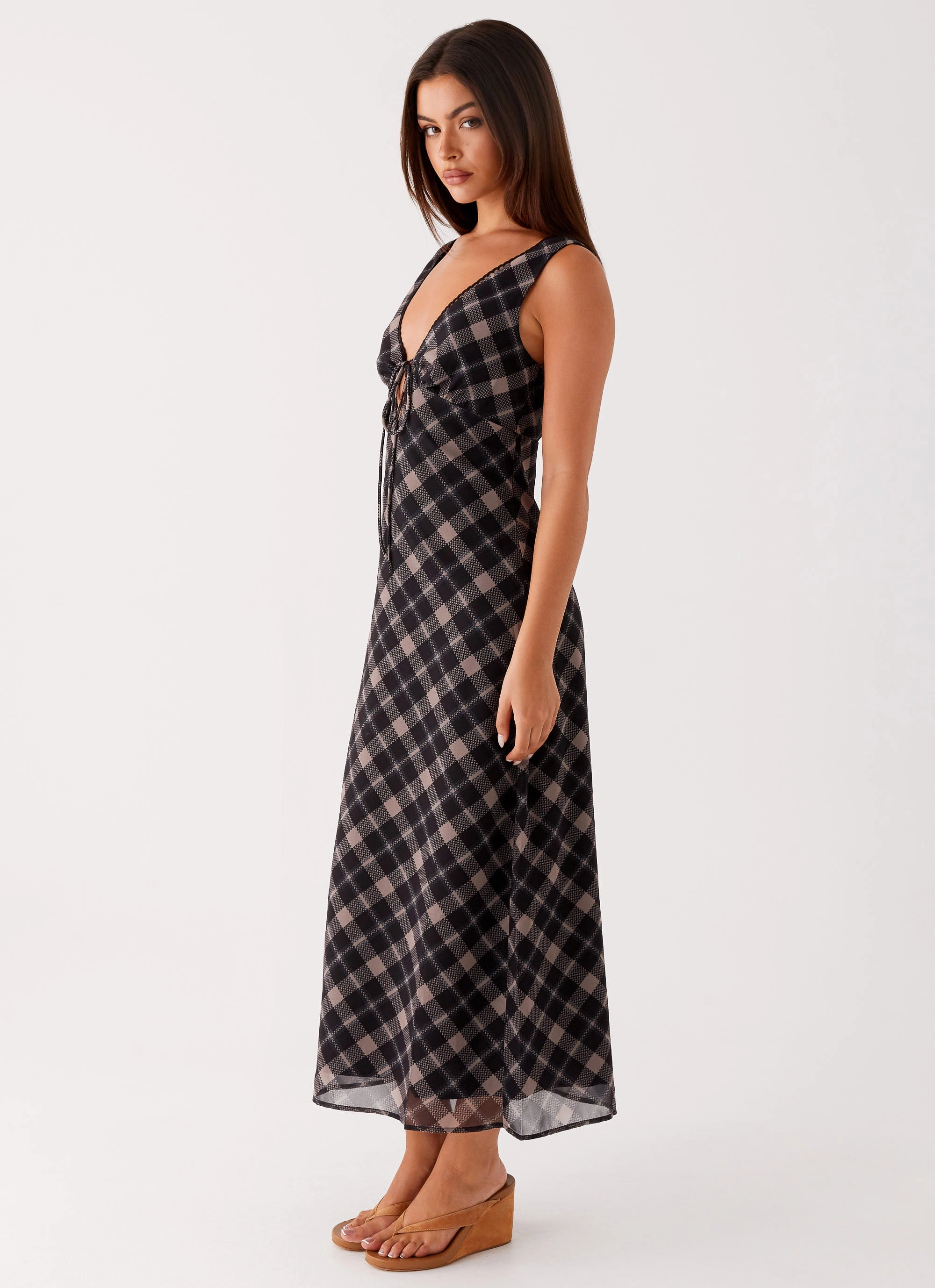 Gianna Midi Dress - Taupe Check Tasteful Detail