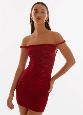 Arabella Lace Twist Shoulder Mini Dress - Red Cozy Wear