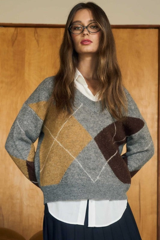 LightweightTexture Argyle V Neck Long Sleeve Pullover Sweater