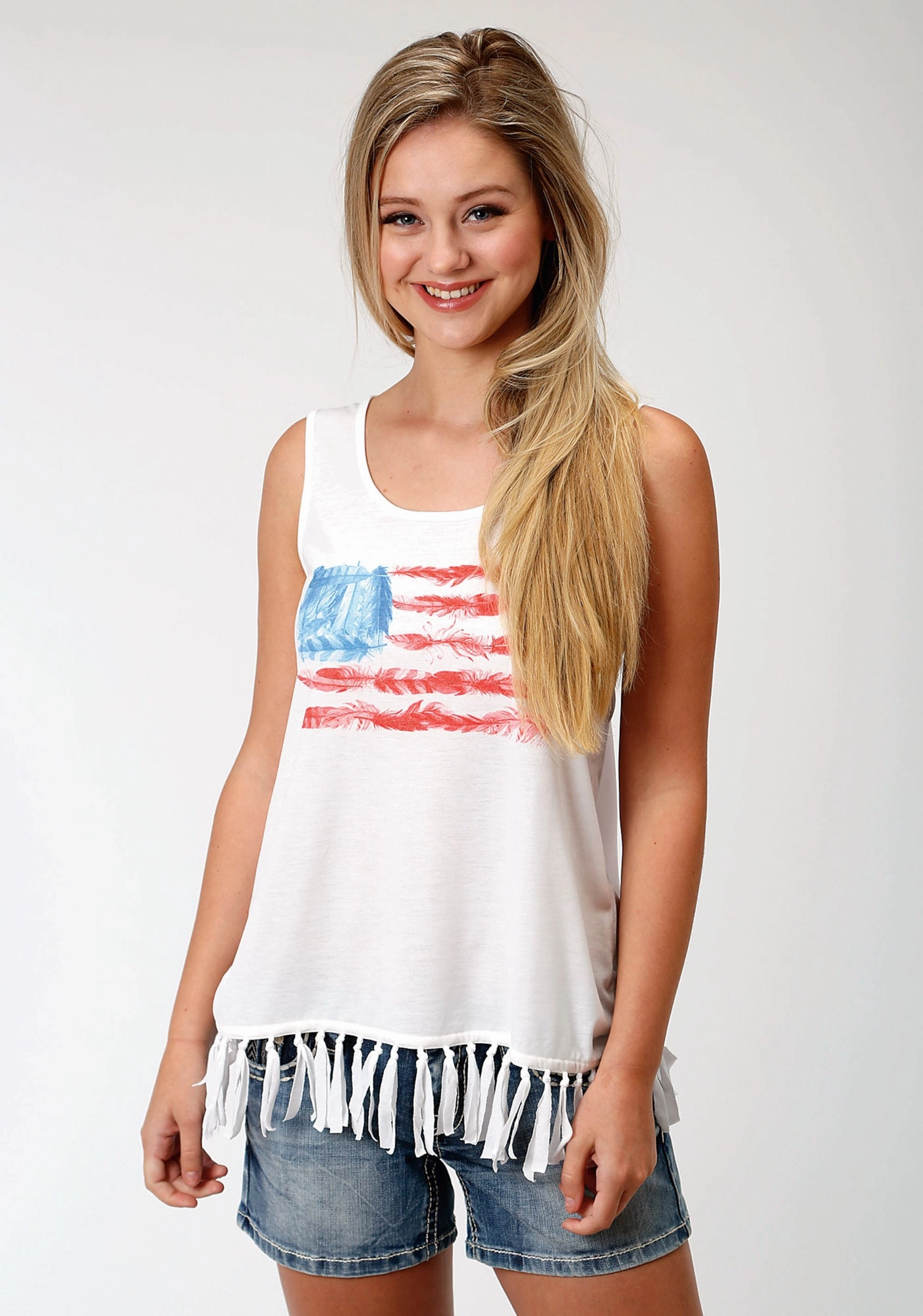Roomy Cut Roper Womens White Cotton Blend Feather Flag Tank Top
