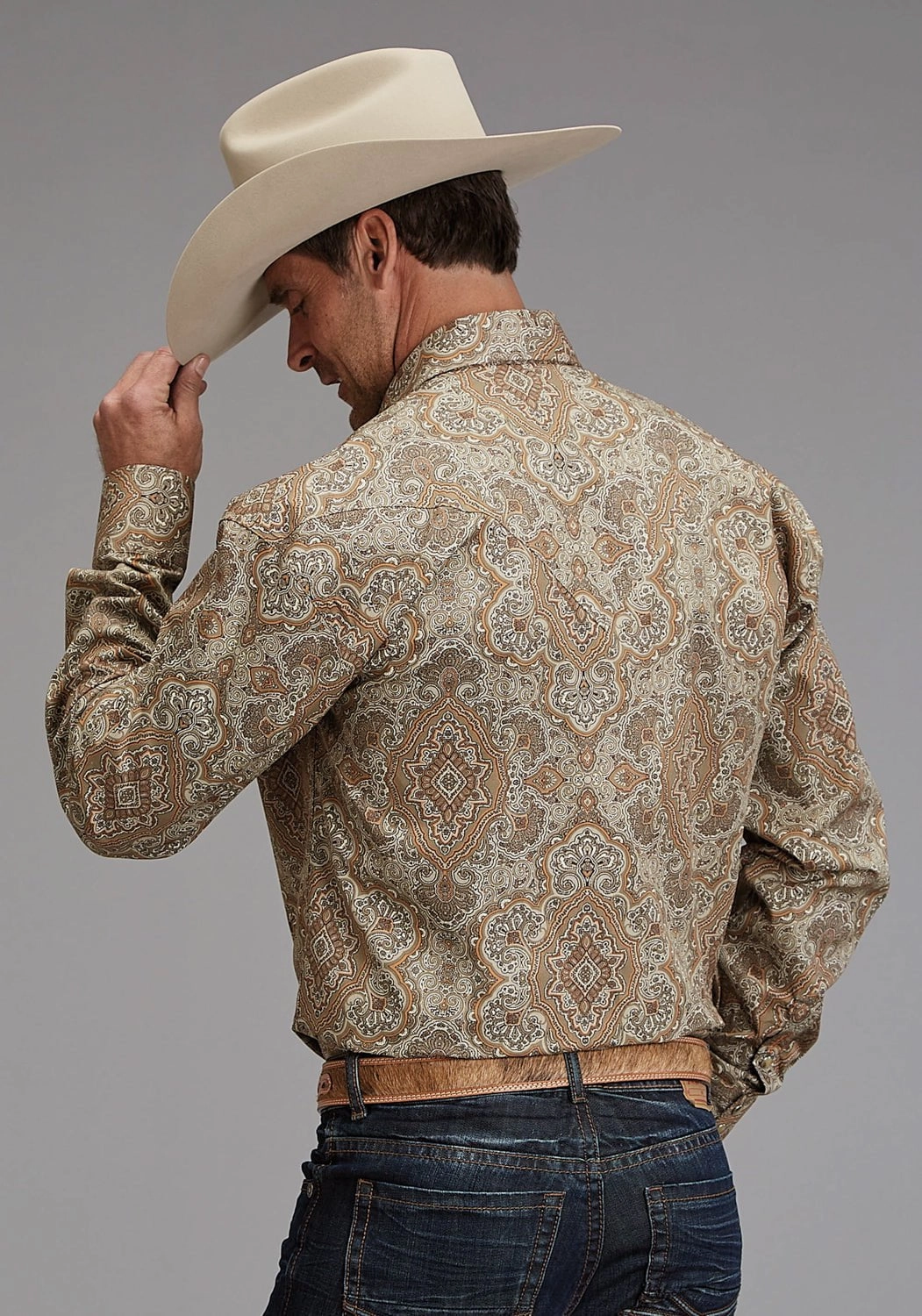 Beach Attire Refined Aesthetic Stetson Mens 1921 Desert Paisley Brown 100% Cotton L/S Shirt