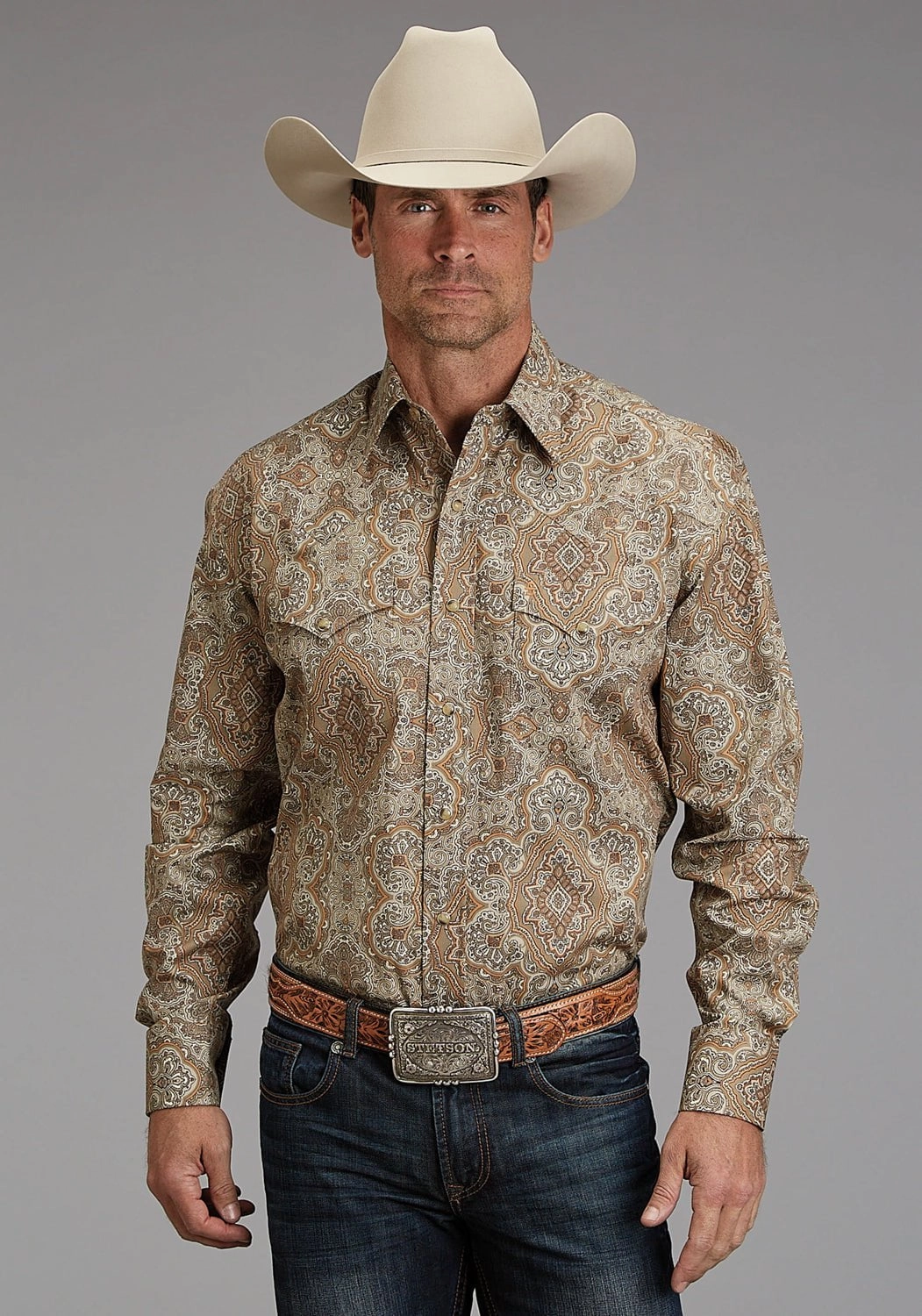 Stetson Mens 1921 Desert Paisley Brown 100% Cotton L/S Shirt Artistic Design Travelers Choice