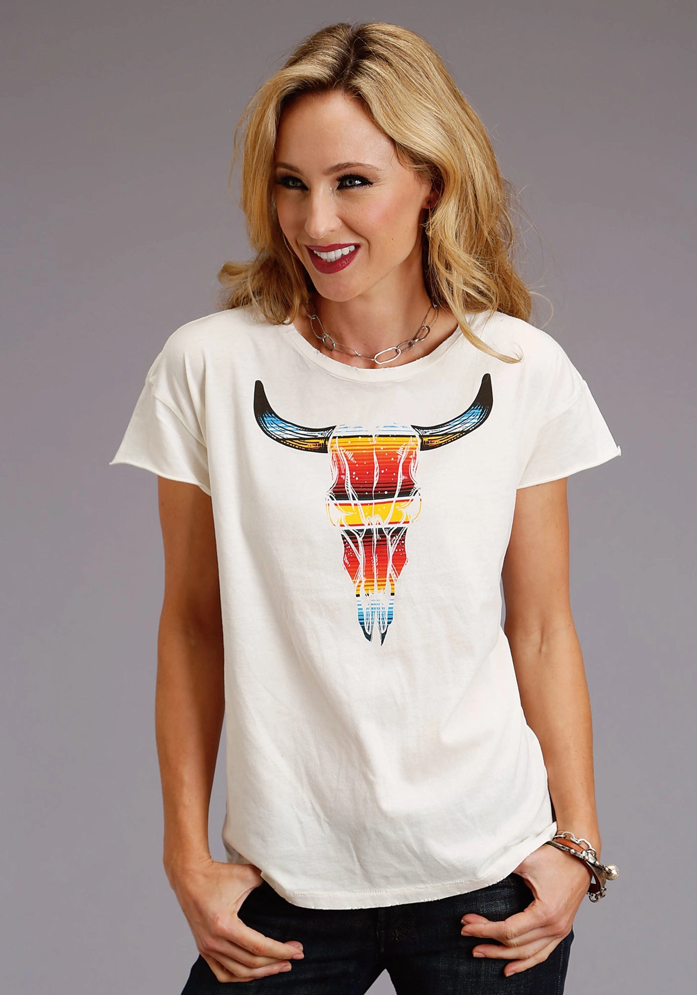 Midweight Textile Stetson Womens White 100% Cotton Serape Longhorn S/S T-Shirt