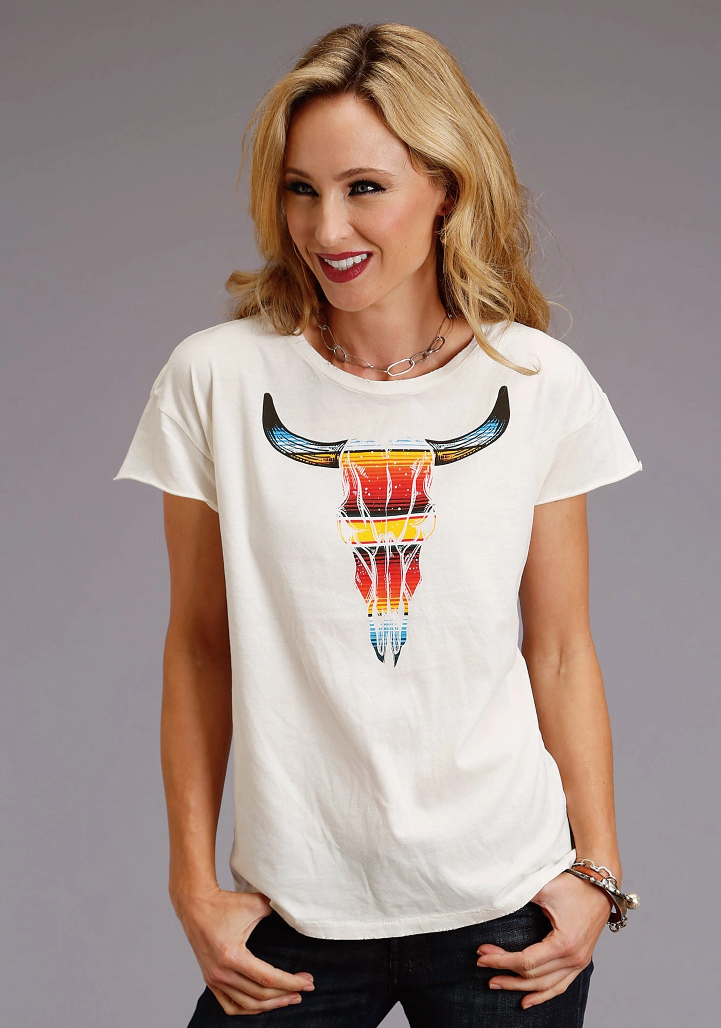 Stetson Womens White 100% Cotton Serape Longhorn S/S T-Shirt Networking Session Odor control