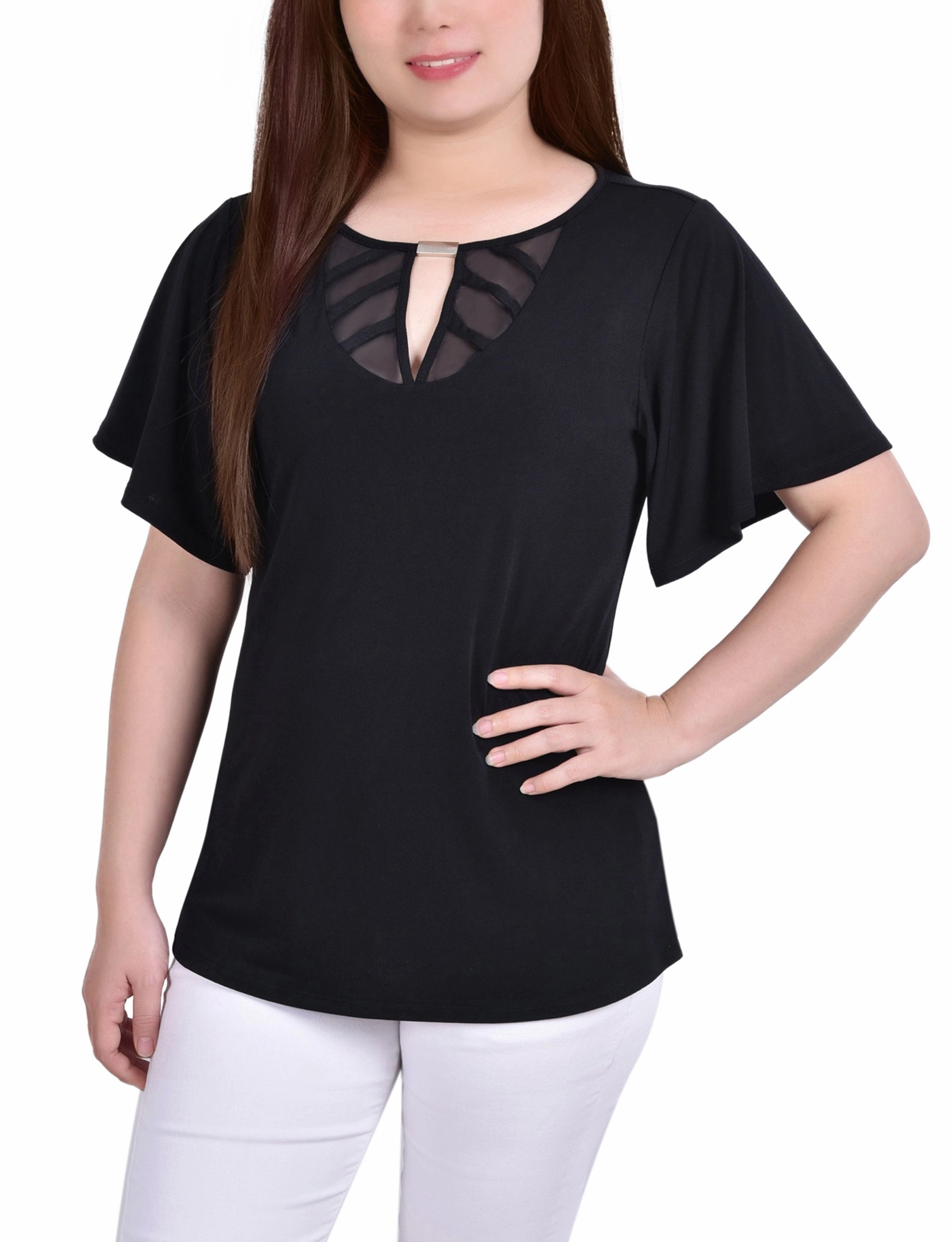NonRestrictiveCut Breathable Material Mesh Flutter Sleeve Knit Top