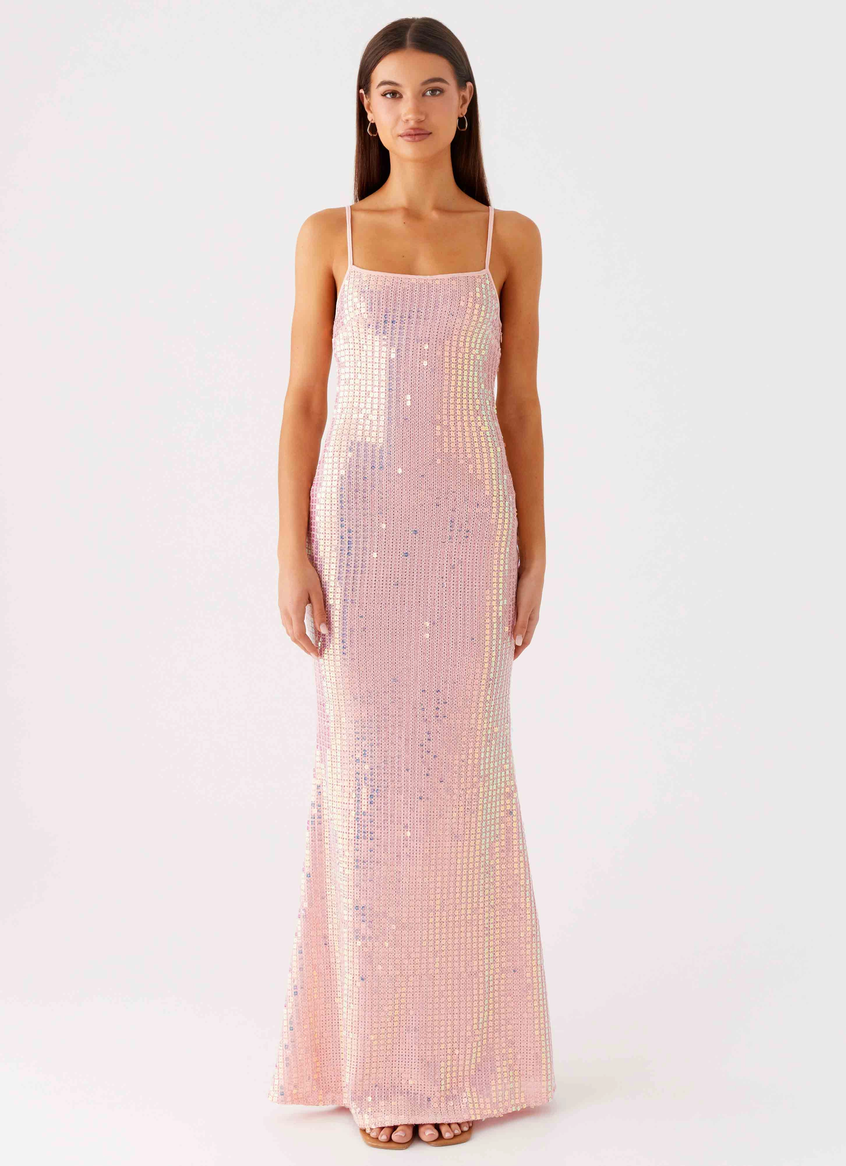 Fringe Detail Snap Button Attitude Knit Sequin Maxi Dress - Iridescent Pink
