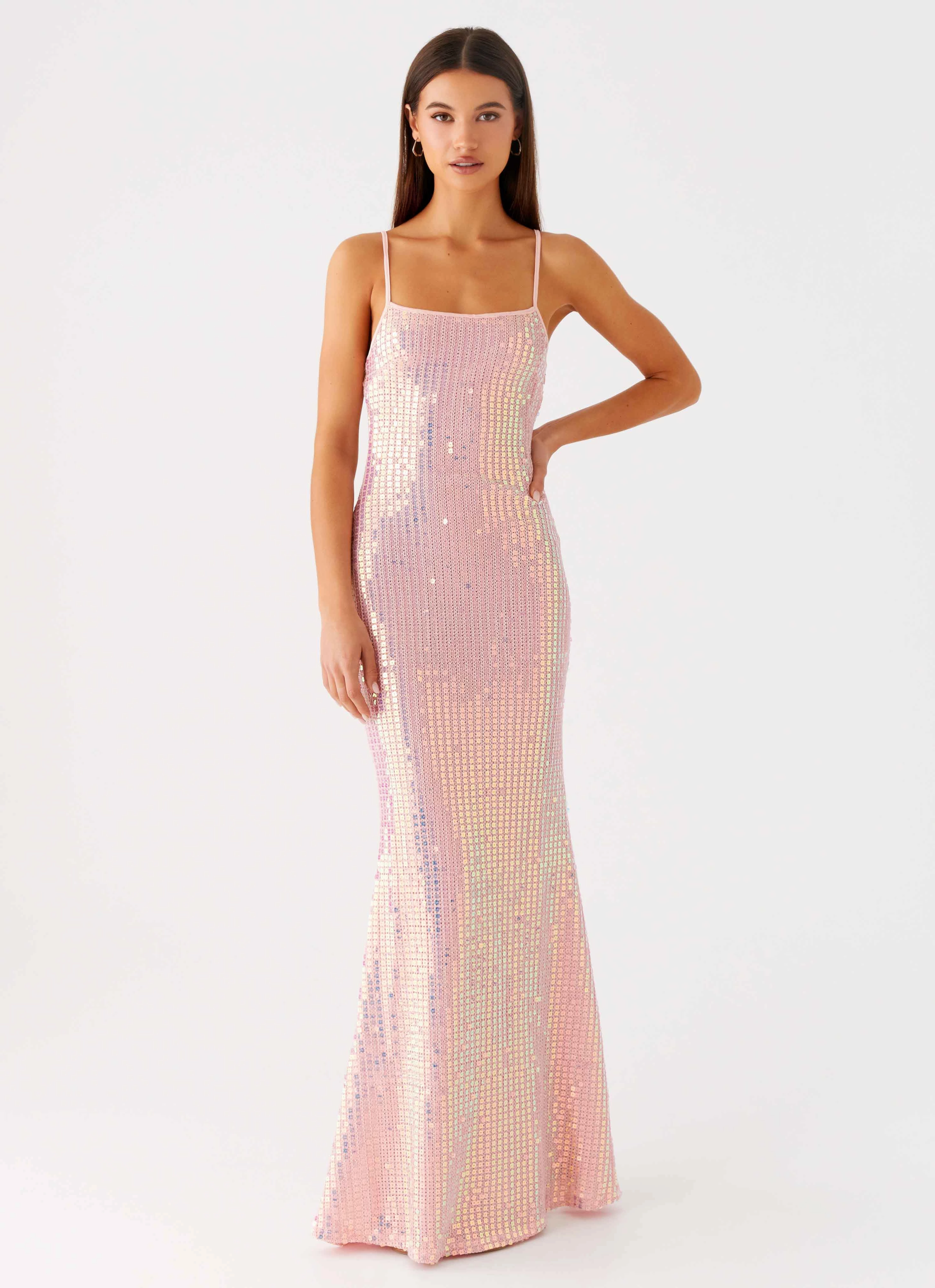 Minimalist Style Attitude Knit Sequin Maxi Dress - Iridescent Pink