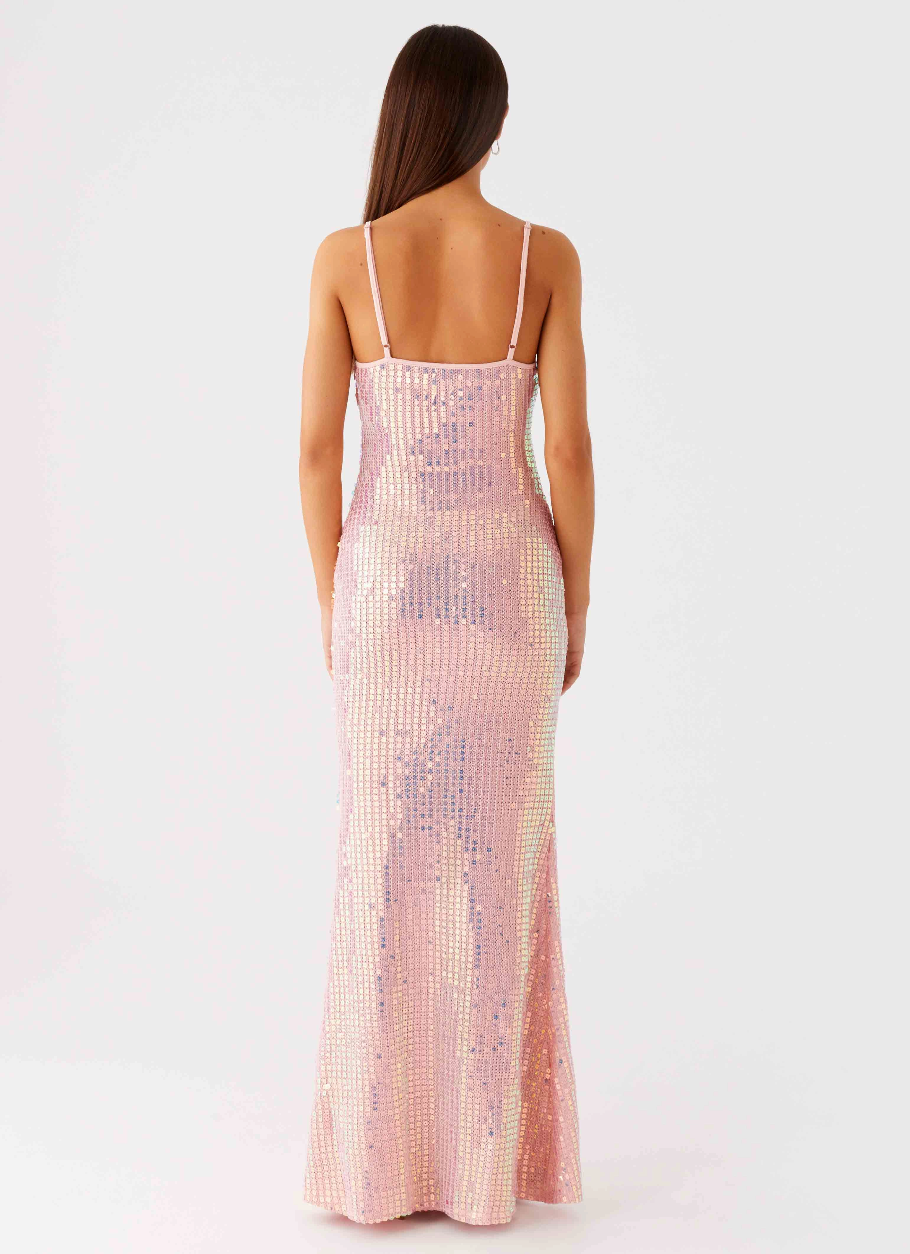 Attitude Knit Sequin Maxi Dress - Iridescent Pink Fuzzy Jacket