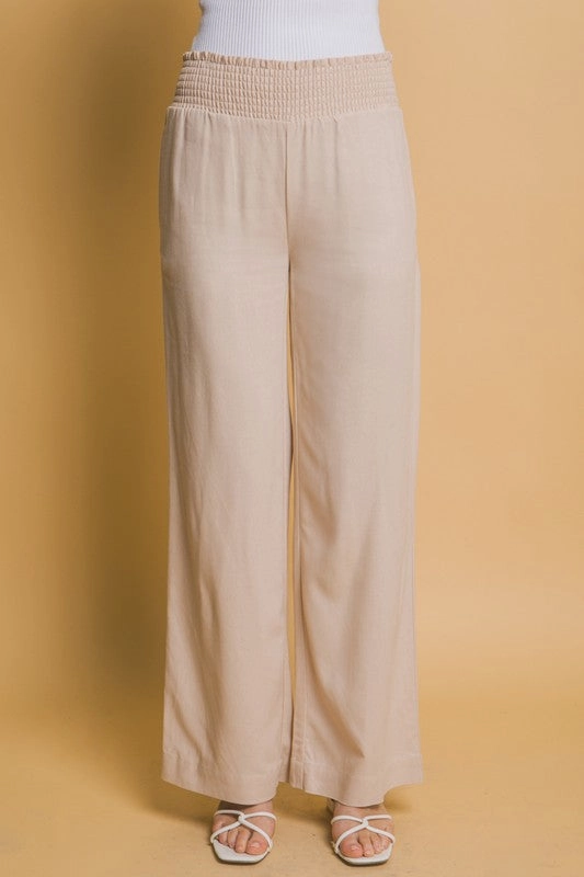 Ava Shirred Waist Linen Pants Temperature Regulating Fabric