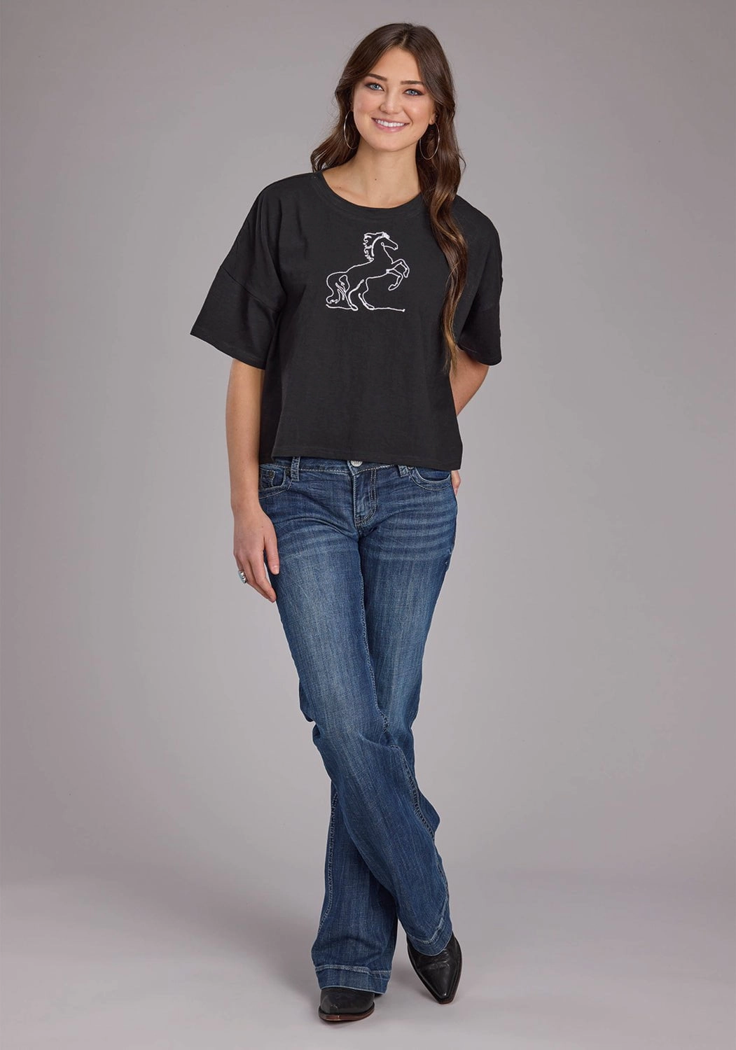 Roper Womens Wild Mustang Black 100% Cotton S/S T-Shirt Breathable back panel