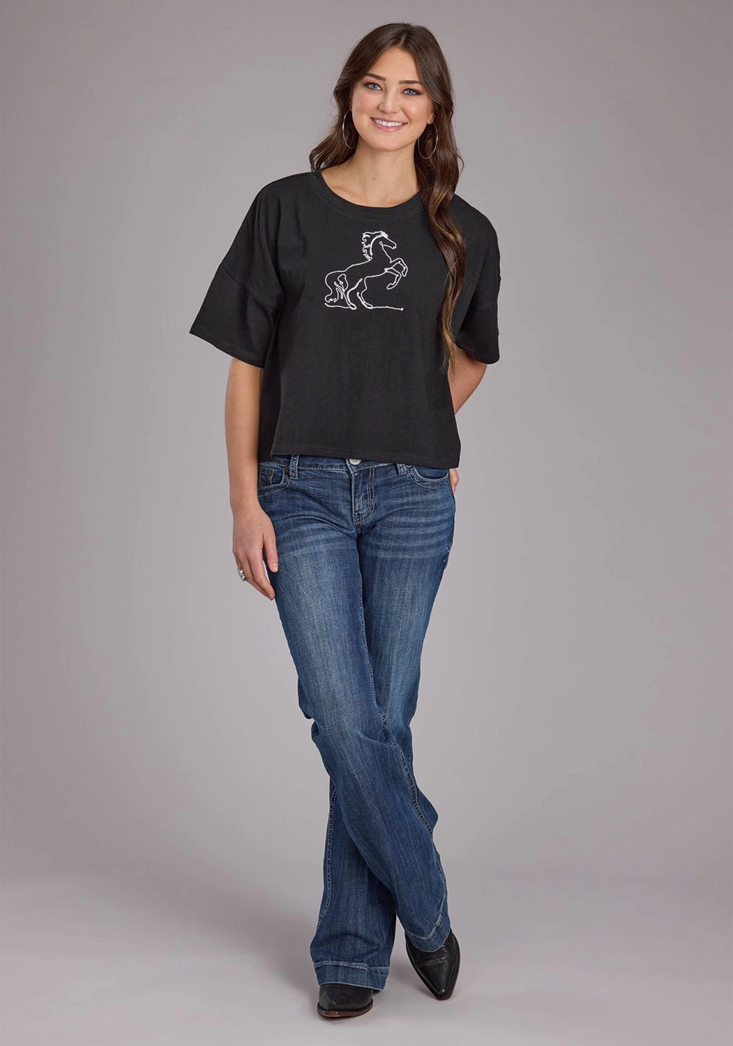 Roper Womens Wild Mustang Black 100% Cotton S/S T-Shirt Workwear Style