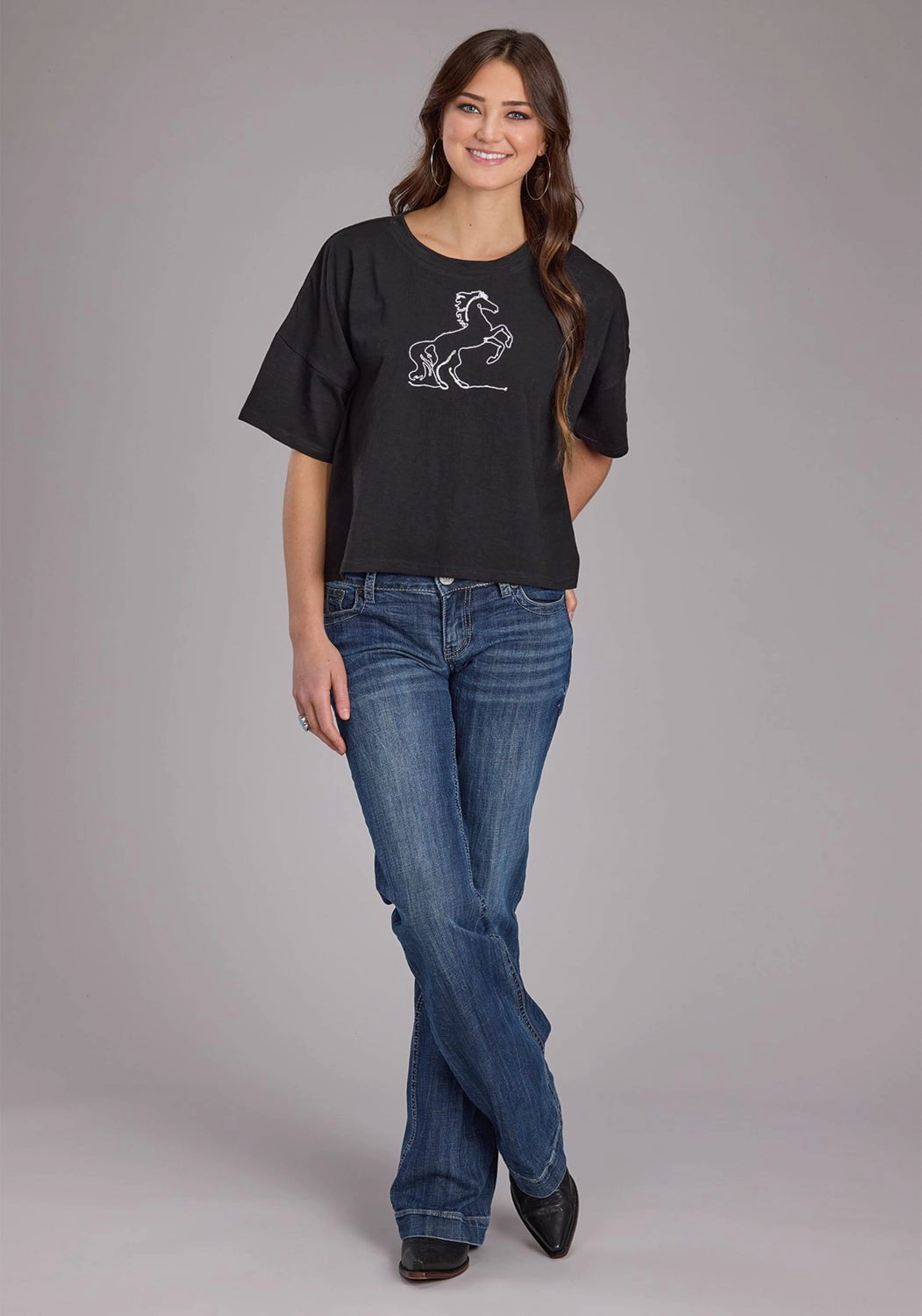 Roper Womens Wild Mustang Black 100% Cotton S/S T-Shirt Travel Friendly