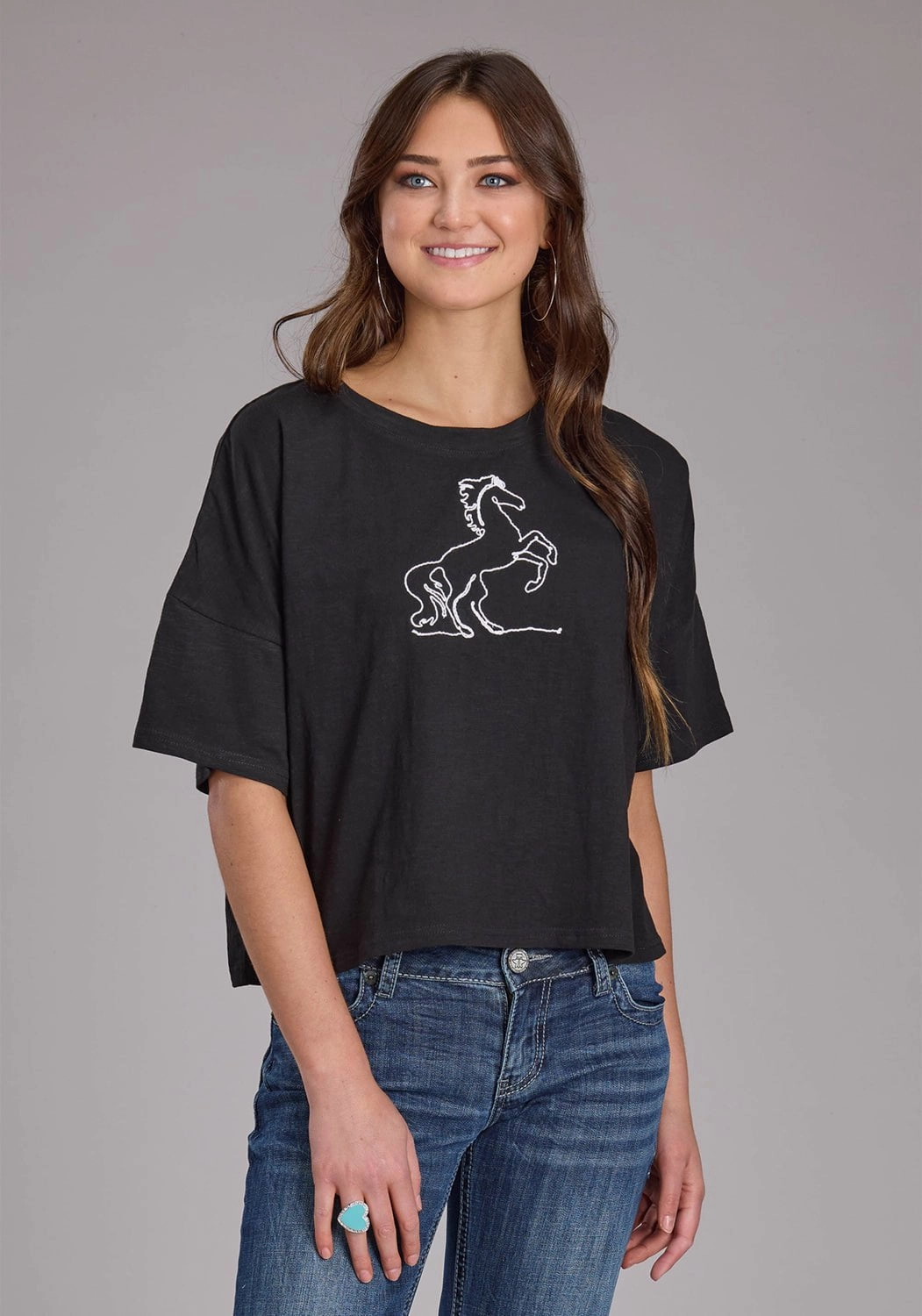 youth trend Roper Womens Wild Mustang Black 100% Cotton S/S T-Shirt