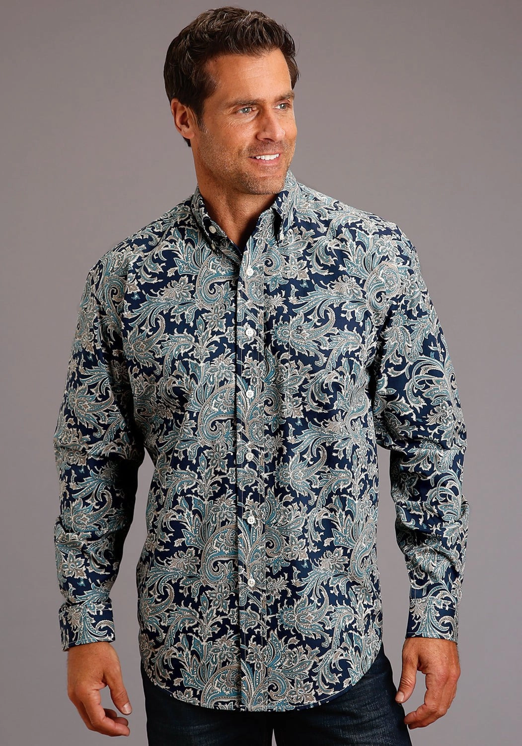 Stetson Mens Blue 100% Cotton Deep Marine Paisley BD L/S 1 Pocket Shirt Travel Friendly
