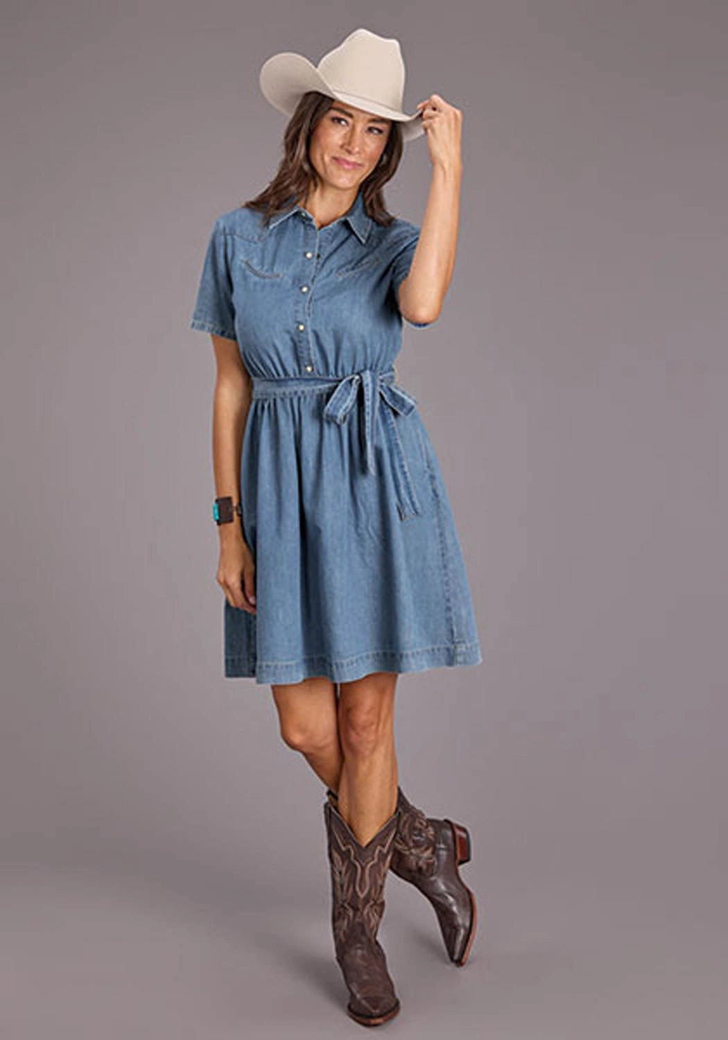 Stetson Womens Smile Pockets Self Tie Blue Lyocell S/S Dress Non Restrictive