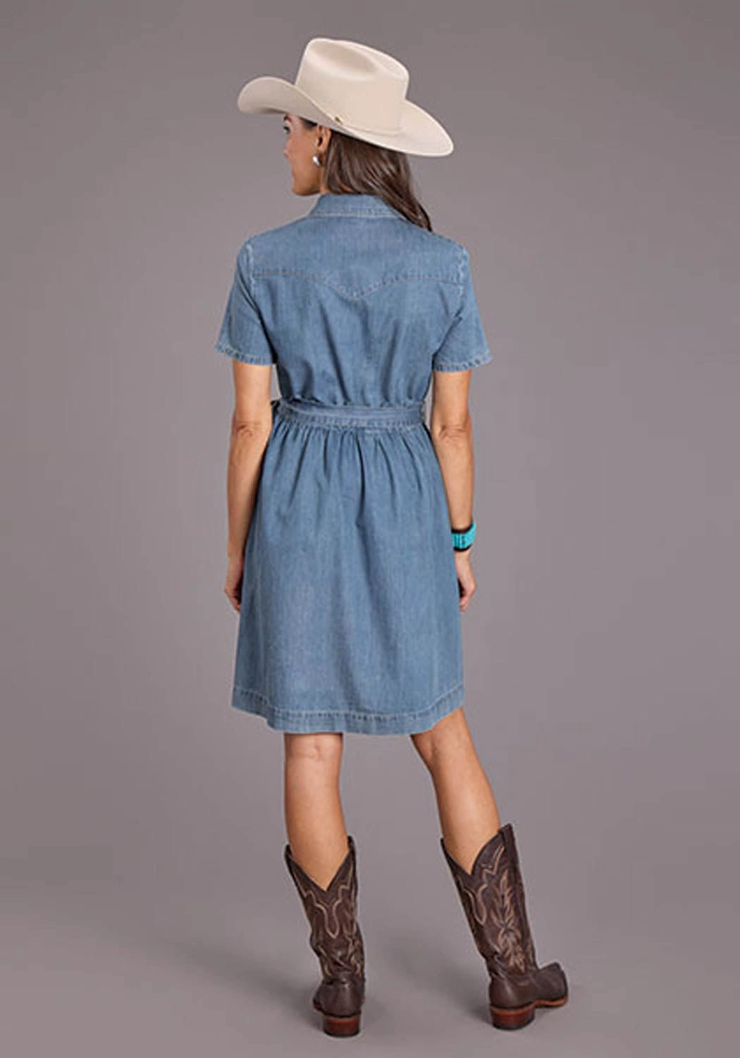 Elegant Look Stetson Womens Smile Pockets Self Tie Blue Lyocell S/S Dress